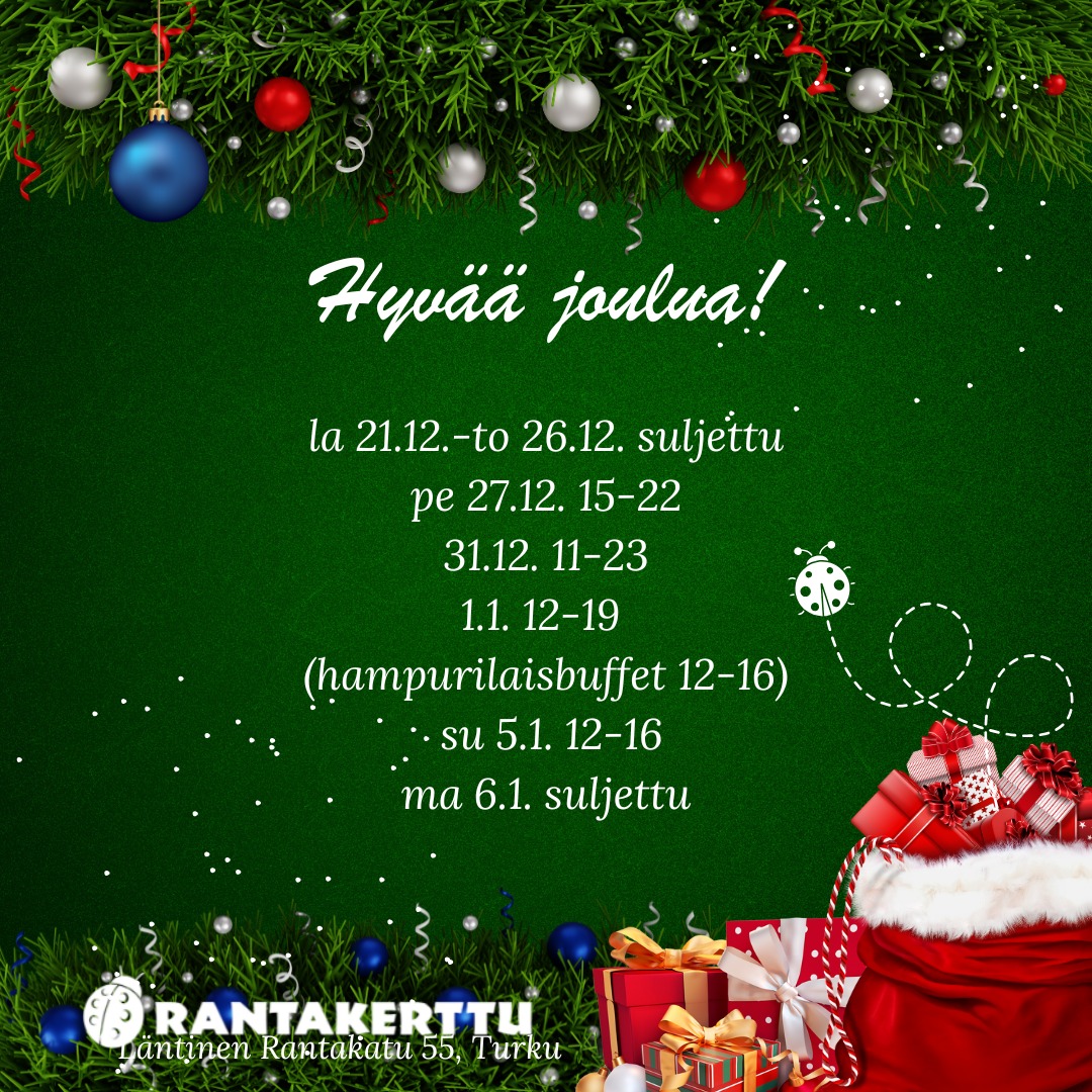 Rantakertun tiimi viettää joululomaa viikon verran - tavataan taas 27.12.!
Hunsvotin pubivisa jatkuu 3.1.2025 klo 19.
1.1.2025 meillä on tarjolla uudenvuoden runsas hampurilaisbuffet. Lisää infoa tästä löydät edellisestä julkaisusta.
Oikein mukavaa joulunaikaa kaikille!
#joulu #jul #jultid #joulurauha #joulutauko #loma #christmas #christmasbreak #ravantit #perheyritys #turku #åbo