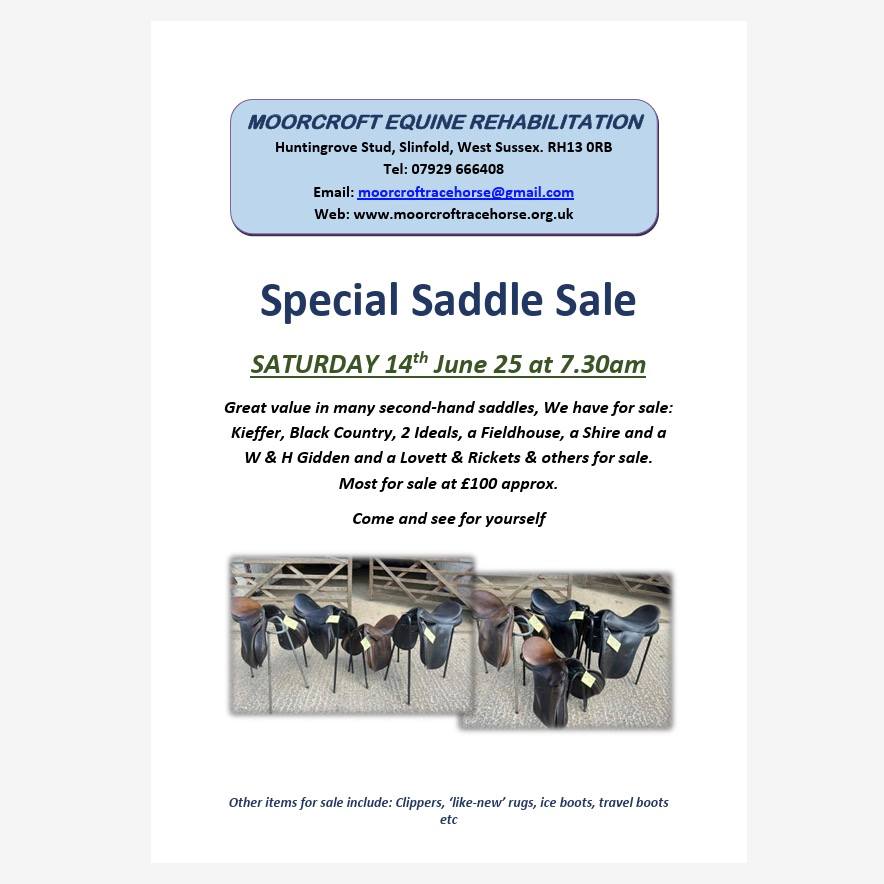 Grab a bargain! Plenty of saddles and rugs available. Do come along early as it's first come, first served - starts at 7:30am on Saturday 14 June.