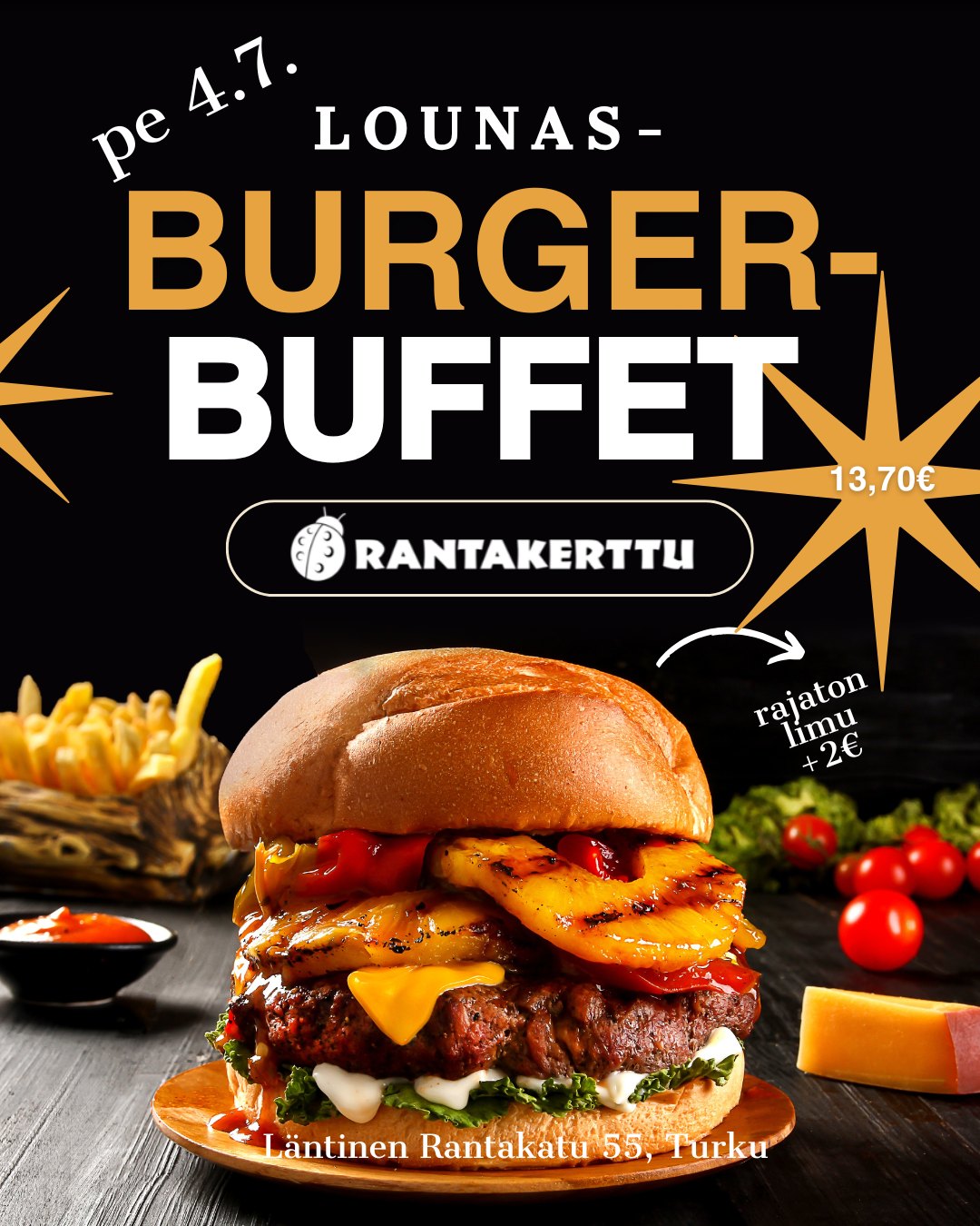Hampurilaisbuffet tekee ainakin yhden päivän paluun meidän arkilounaaseen!
Perjantaina 4.7. päästään herkuttelemaan hampurilaisbuffetin herkuista hintaan 13,70€! Lounas on tarjolla normaalisti klo 11-15 sisältäen perinteisiä hampurilaisia, kasvisvaihtoehtoja, ranskalaisia sekä dippailtavia herkkuja. Kysy myös gluteenitonta sämpylää! Jälkkäriksi jäätelöä. ?
Hinta lapsille 5-10v: 8€
Perinteinen lauantain hampurilaisbuffet on tarjolla sitten seuraavana päivänä normaaliin hintaan 17,50€ klo 12-16. Tervetuloa nauttimaan terassista!
#matkanvarrella #ruissalo #voimaeväät #rantakertunhampurilaisbuffet #rantakertunterassi #hamburger #burger #burgare #festarieväät #jokiranta #aurajoki #kansallispuisto #auraå #läntinenrantakatu #föri #förinkupeessa #ravantit