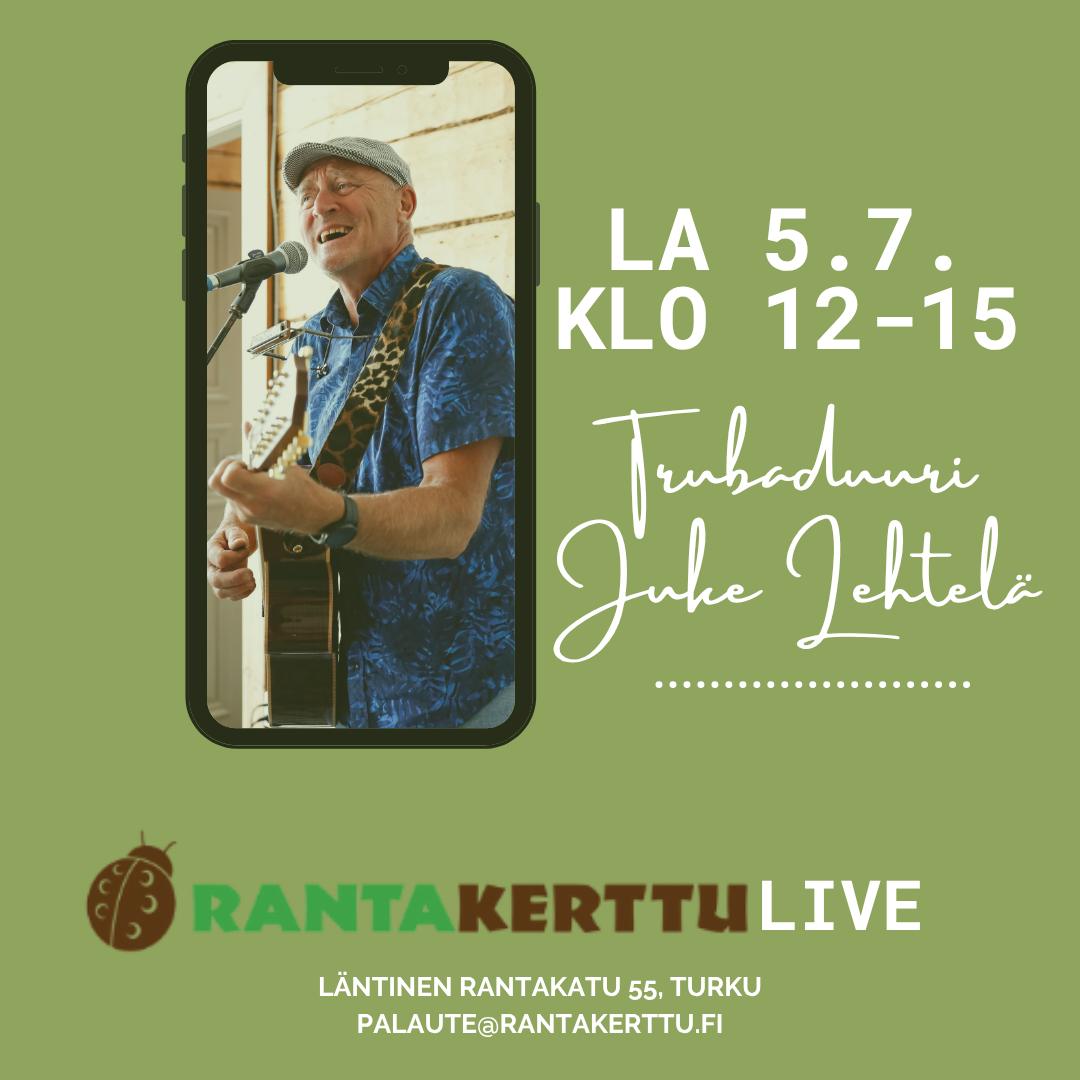 Mies, huuliharppu ja kitara, ei koneita, ei luntteja!
30:n vuoden kokemuksella: Juke ottaa yleisön huomioon, toiveita saa esittää ja tunnelma on lämmin. Repertuaarista löytyy tuhansia kappaleita suomirokista ja -popista englanninkielisiin biiseihin!
Tervetuloa viihtymään terassille!
#rantakertunterassi #rantakerttulive #rantakertunhampurilaisbuffet #jukepoika