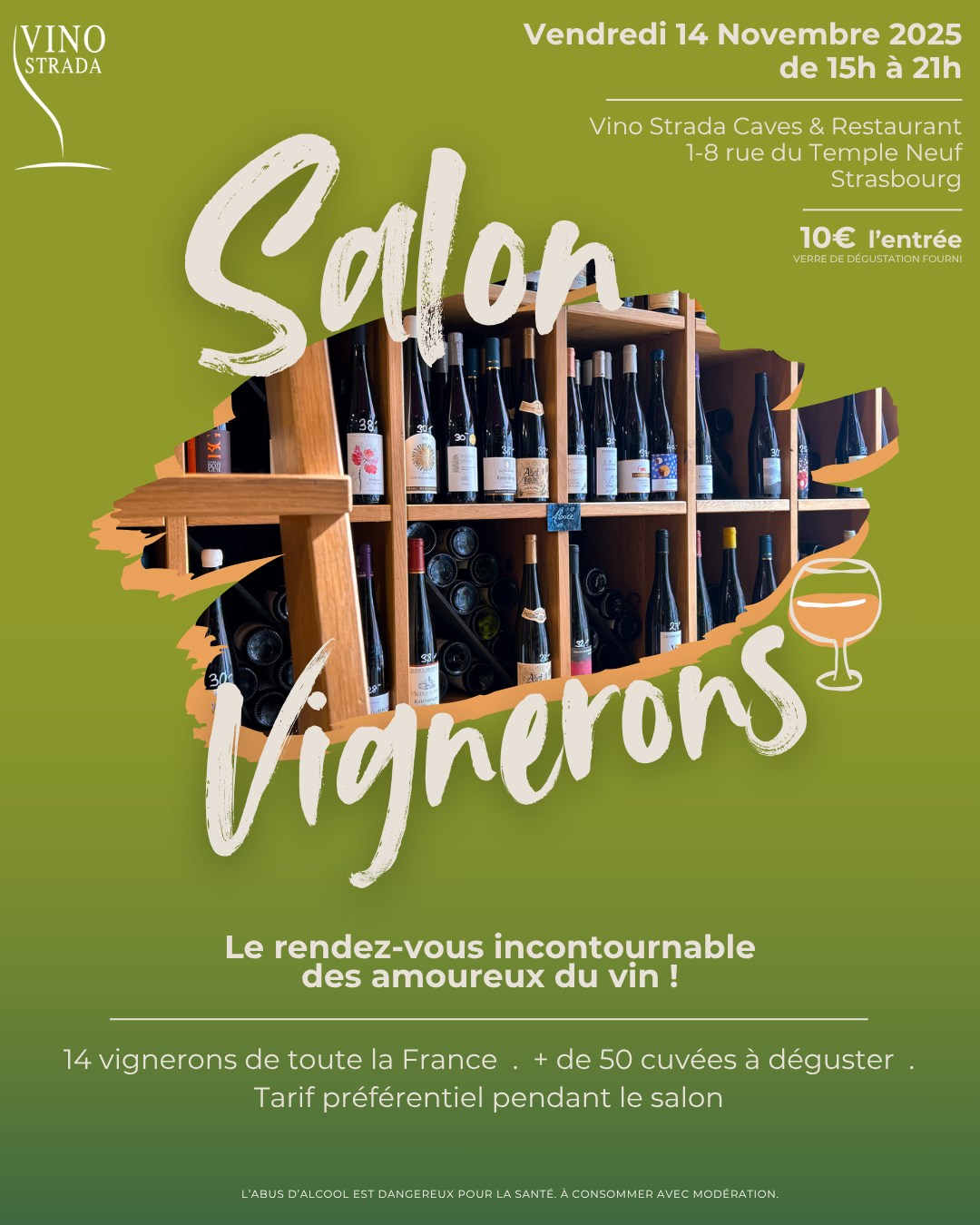 Le compte à rebours est lancé !
Dans un mois, c’est le retour de notre traditionnel Salon des Vignerons ?
Venez rencontrer 14 vignerons d’Alsace et d’ailleurs, déguster plus de 50 cuvées soigneusement sélectionnées par notre équipe au fil de ses visites dans les domaines.
? Vendredi 14 novembre - de 15h à 21h (dernière entrée 20h)
? Au programme :
- Rencontre avec 14 vignerons
- + de 50 cuvées à déguster
- Remises exceptionnelles sur les achats réalisés pendant le salon
? Entrée : 10€ (verre et livret de dégustation offerts)
? Toutes les infos sur www.vinostrada.com/salon-vignerons
Un rendez-vous à ne pas manquer pour tous les amoureux du vin ?❤️
#vinostrada #vinostradastrasbourg #cavistestrasbourg #salonvignerons #degustationdevins #winetasting #winelover #vignobledefrance #salonduvin #vinostrada #caveavinstrasbourg #rencontrevigneronne #lapassionvigneronne #wine #salonduvin #rencontrevignerons #salonduvinstrasbourg
L'abus d'alcool est dangereux pour la santé, à consommer avec modération.