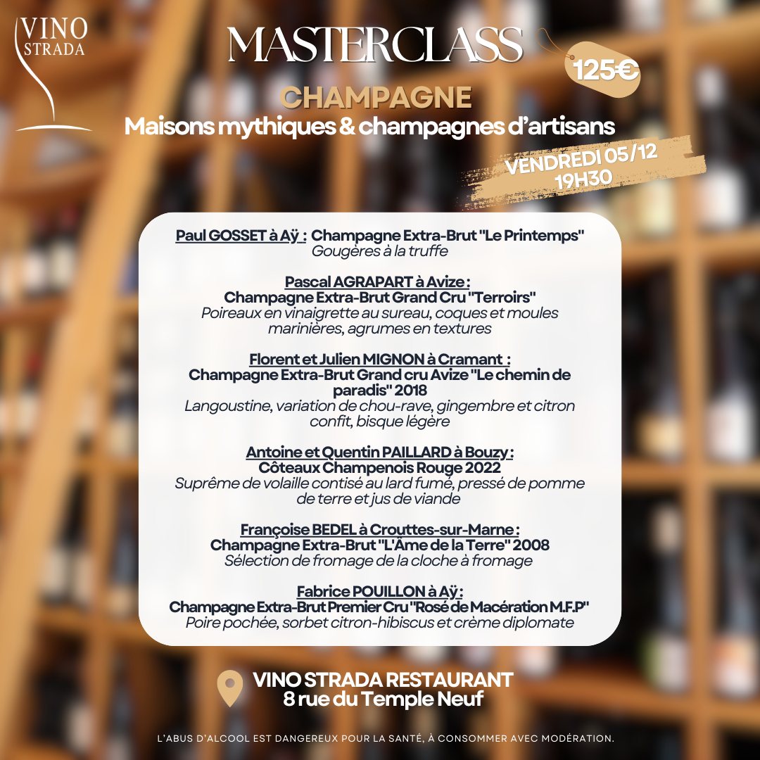 Masterclass Champagne : Maisons mythiques & champagnes d'artisans ?
Vendredi 05 décembre, embarquez pour un voyage à travers la région champenoise ! De la Vallée de Marne à la Côte des Bar, la Champagne est terre d'appartenance des plus grandes grandes Maisons, mais les sucess stories d’artisans champenois sont de plus en plus nombreuses. Nous vous en ferons découvrir certaines d'entres elles.
Pour vous inscrire :
??? vinostrada@gmail.com
☎️ 03.88.22.31.00
? www.vinostrada.com/events
? Seulement 2 places restantes !
#vinostrada #vinostradastrasbourg #strasbourg #caviste #cavistestrasbourg #programmedesdegustations #masterclasschampagne #soireedegustation #champagne #tasting #champagnetasting #degustation #champagnedartisan #agrapart #francoisebedel #champagnepaulgosset
L'abus d'alcool est dangereux pour la santé, à consommer avec modération.