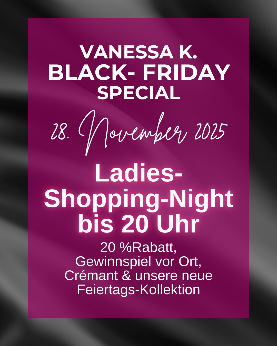Ihr Lieben, letzter Reminder: Morgen startet unsere Ladies-Shopping-Night in Perl, und die wollt ihr nicht verpassen.
Wir sind bis 20 Uhr für euch vor Ort. Sichert euch 20 % Rabatt, entdeckt unsere neue Sparkle & Shine Feiertagskollektion, nehmt an unserem Gewinnspiel teil, genießt ein Glas Crémant und probiert unsere kleinen Köstlichkeiten.
Wir freuen uns schon riesig auf euch. Bis morgen. ✨
#euroschuheperl #modebyvanessak #blackweeksaarland #blackfridaysaarland #ladiesnight #shoppingnight #shoppensaarland #schoppensaarlorlux #modeliebe #modetrends #merzig #orscholz #saarburg #remich #schengen #luxembourg #saarlorlux #saarlouis #dillingen #nennig