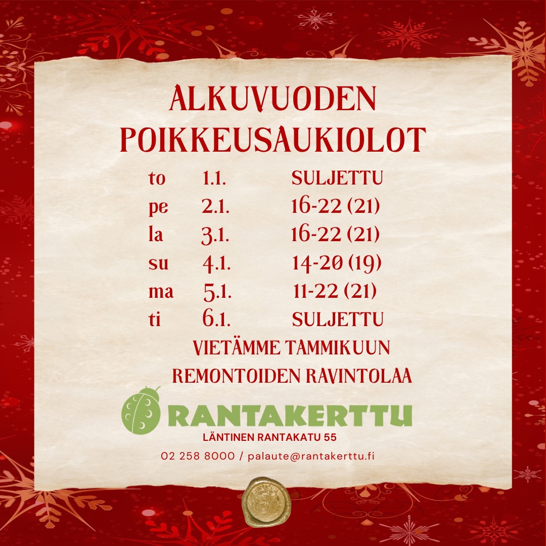 Joulutervehdys Aurajoen rannasta!
Pian palaamme joulutauolta viihtymään kanssanne. Olethan tehnyt jo pöytävarauksen, mikäli mielit viettää uudenvuoden juhlaa kanssamme?
Vuoden 2026 ensimmäisellä viikolla emme tarjoa lounasta, mutta maanantaina 5.1. lounas palaa taas päiväksi, kunnes jäämme remonttitauolle. Remontin arvioitu kesto on kuukausi. Voit seurata remonttiuutisia somestamme!
#uusivuosi #newyears #nyttår #remontti #rantakertunremonttipäiväkirja #aukiolo #openhours