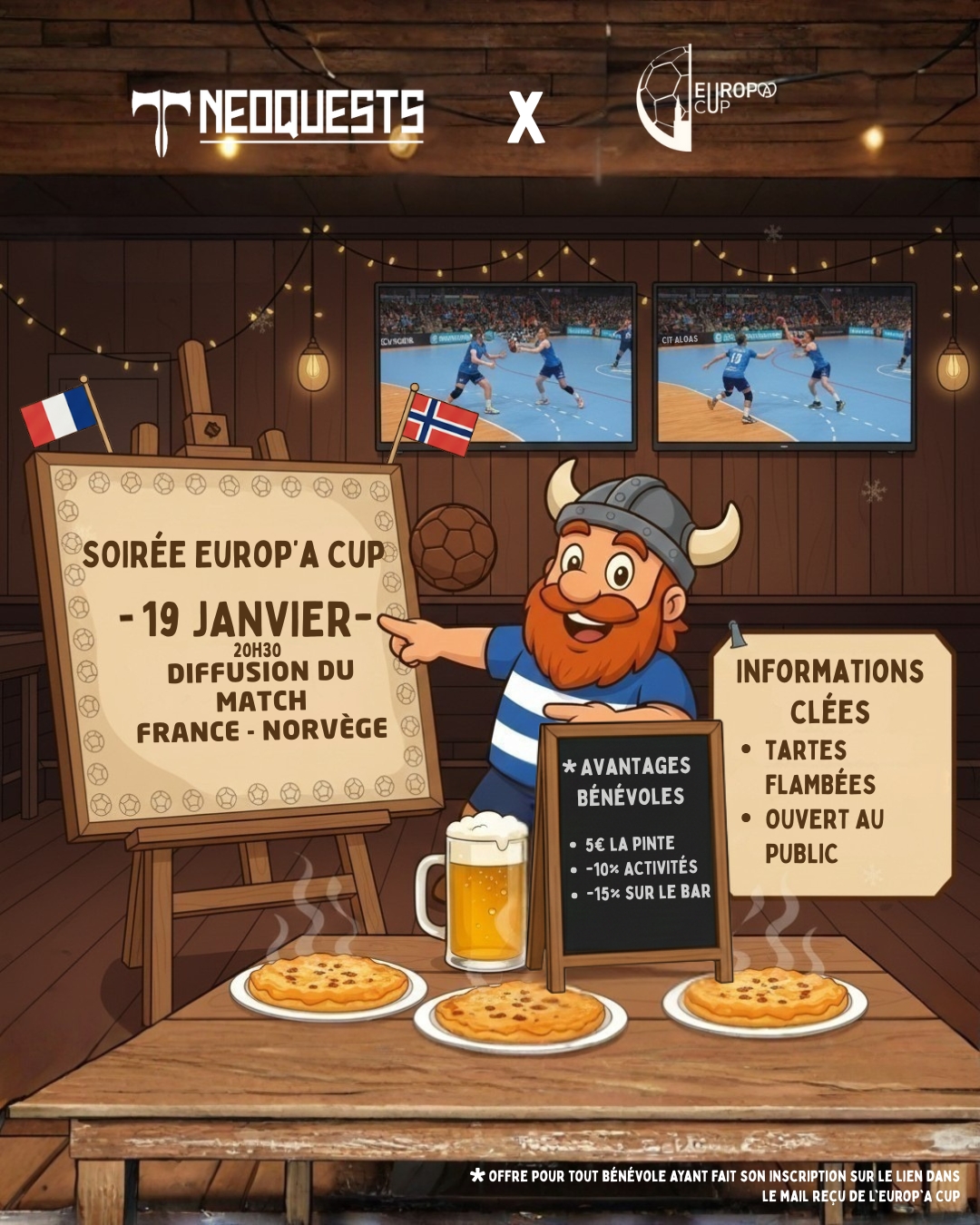 🏆 SOIRÉE EUROP’A CUP
À l’occasion des Championnats d’Europe de Handball, Neoquests vous donne rendez-vous pour une soirée spéciale Europ’A Cup autour de la rencontre :
France vs Norvège 🤾♂️
📅 Lundi 19 janvier 2026
⏰ Dès 19h30
📍 Neoquests – 13 Parc d'activités du Luetzelfeld, Rue de Lingolsheim, 67118 Geispolsheim
📺 Diffusion du match sur les écrans de l’espace commun
🍽 Foodtruck de tartes flambées @cigoflams présent pour la soirée
🎉 Événement ouvert à tous
Joueurs, bénévoles, partenaires et supporters sont les bienvenus.
💙 Avantages pour les bénévoles Europ’A Cup
🍺 5€ la pinte
🍹 -15 % sur le bar
🎮 -10 % sur les activités sur place
Une soirée conviviale pour se retrouver autour du handball européen et des valeurs portées par l’Europ’A Cup 🏆
👉 Venez partager ce moment avec nous !
#EuropaCup #Handball #FranceNorvège #ChampionnatsDEurope #Geispolsheim