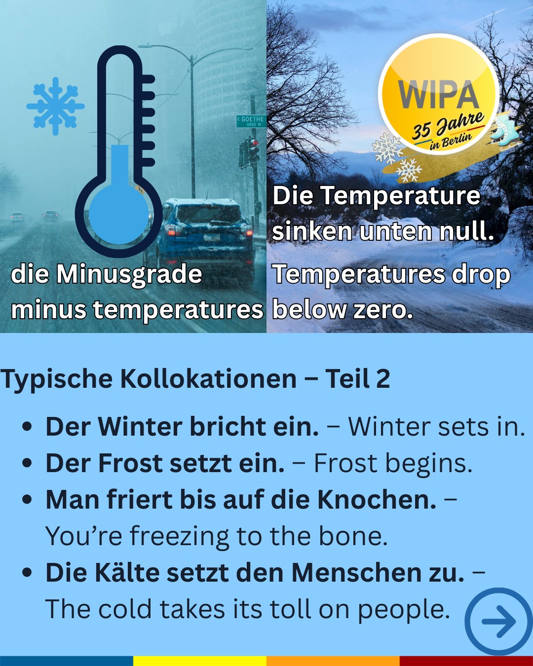 ❄️⚡ Winter, Kälte & Stromausfall – der Wortschatz, den du wirklich brauchst
🇬🇧 Winter, cold & power cuts – the vocabulary you really need
Der Winter ist da – winter is here.
Schnee fällt, snow falls, und Schnee liegt auf den Straßen, snow lies on the streets.
Ein Wintereinbruch – a sudden onset of winter – bringt Frost, frost, Eis, ice, und gefährliche Glätte, icy roads / black ice.
Man trägt Schal, Handschuhe, Mütze und Winterjacke – scarf, gloves, hat and winter jacket.
🥶 Kälte herrscht – cold prevails.
Es ist eisig, eiskalt, sogar klirrende Kälte – icy, freezing, bitter cold.
Die Temperaturen sinken, temperatures drop, es hat Minusgrade, minus temperatures, unter null, below zero.
Man friert, feels cold, zittert, shivers, friert bis auf die Knochen – freezes to the bone.
Die Kälte setzt den Menschen zu – the cold takes its toll.
Kein Wunder, dass man sich eine Erkältung – a cold – holt und die Heizung – heating – auf Hochtouren heizet, runs full blast.
⚡ Und dann: Der Strom fällt aus.
🇬🇧 The power goes out.
Es kommt zu einem Stromausfall – power outage, ein Blackout – blackout.
Die Stromversorgung bricht zusammen – the energy supply collapses.
Man ist stromlos, without electricity.
Die Steckdose – power socket – bleibt tot.
Das Licht geht aus, the light goes out.
Die Heizung funktioniert nicht, the heating doesn’t work.
Das Handy ist leer, the phone battery is dead.
Der Kühlschrank bleibt aus, the fridge stays off.
Man sitzt im Dunkeln, sits in the dark, und muss Energie sparen, save energy.
🕯️ Jetzt helfen nur noch Kerzen anzünden, lighting candles,
eine Taschenlampe benutzen, using a flashlight,
oder Notlicht – emergency light.
In manchen Fällen kommt sogar ein Aggregat / Generator – generator – zum Einsatz.
🔥 Fazit:
Der Winter zeigt sich von seiner harten Seite – winter shows its harsh side.
Aber mit dem richtigen Wortschatz bist du sprachlich vorbereitet.
👉 Speichern & teilen für dein Winter-Deutsch!
🇬🇧 Save & share to level up your winter German.
#DeutschLernen #GermanVocabulary #WinterDeutsch #Kälte #Stromausfall #Blackout #LearnGerman #GermanWords #DeutschInBerlin #DeutschAlsFremdsprache