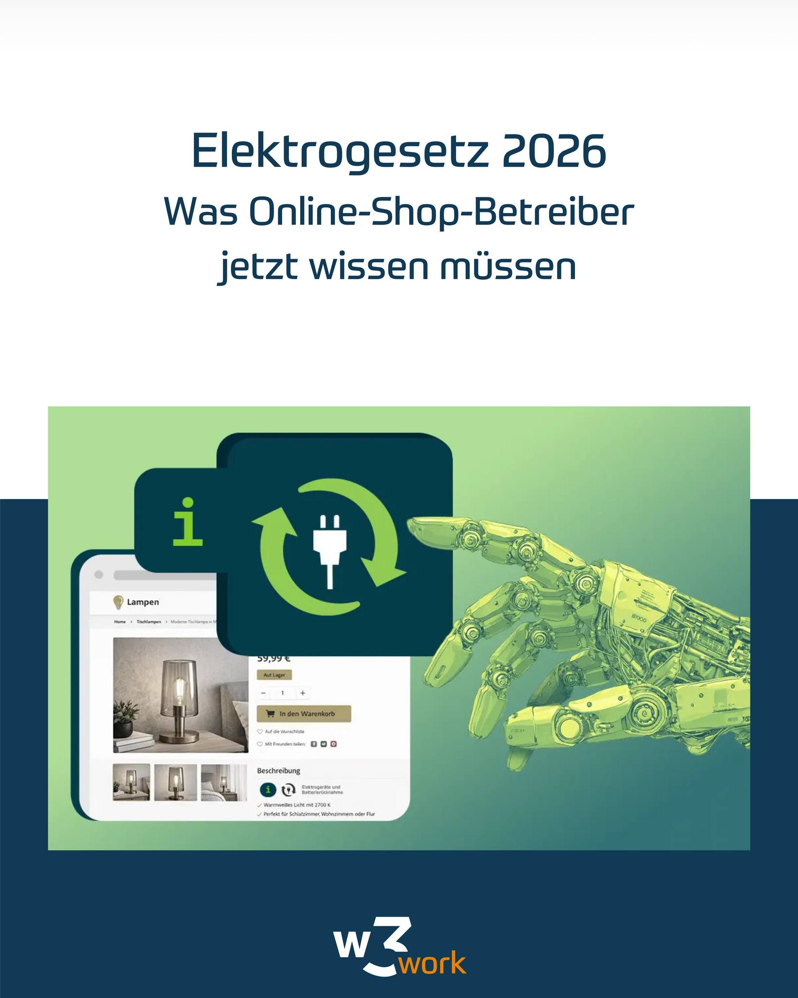 ⚠️ Elektrogesetz 2026: Das müssen Online-Shop-Betreiber jetzt wissen 🔌 Seit dem 01.01.2026 gilt ein neuer Entwurf zum Elektro- und Elektronikgerätegesetz (ElektroG):
Er bringt klare Informations- und Kennzeichnungspflichten für alle, die Elektroartikel online verkaufen. Was viele unterschätzen 👇
❌ Hinweise im Impressum reichen nicht mehr
❌ PDFs oder versteckte Seiten sind nicht zulässig
✅ Infos müssen sichtbar auf der Produktseite stehen - vor dem Kauf In unserem neuen Blogbeitrag erfährst du:
📌 Welche Pflichten Online-Shops erfüllen müssen
📌 Wo die Infos im Shop platziert werden sollten
📌 Welche Risiken bei Verstößen drohen
📌 Eine praktische Checkliste für die Umsetzung Rechtzeitig handeln spart Nerven, Geld und Abmahnungen. 👉 Den Link zum Artikel findest du in der Bio. #w3work #ecommerce #onlineshop #elektrogesetz #rechtssicher #shopware #digitalagentur