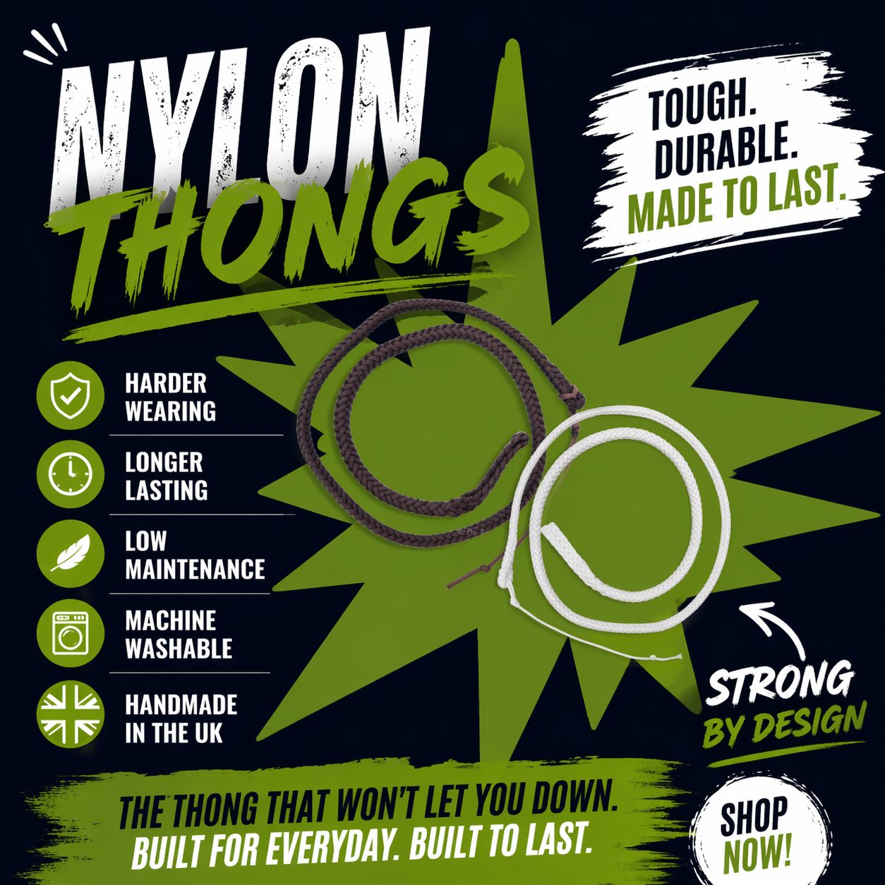 Tired of replacing worn-out thongs?
Switch to nylon ✔️
✔️ Harder wearing
✔️ Longer lasting
✔️ Machine washable
✔️ Handmade in the UK
Once you go nylon, you won't go back!
Available in various lengths ?https://www.thehuntingshop.co.uk/store/Nylon-Whip-Thongs-p565381769
#nylonthongs #BuiltToLast #QualityMatters #BritishMade #handmadewithlove