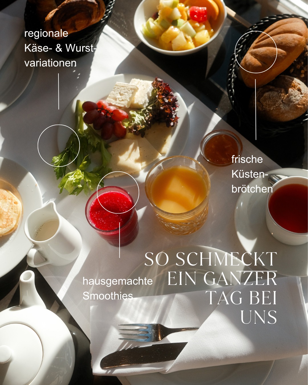 ?? ???????? ??? ?????? ??? ??? ??? ?✨
Der Tag beginnt ruhig.
Frischer Kaffee in der Luft, warmes Brot, süße Früchte, Kräuter und etwas Ostseerauschen im Hintergrund. Unser Langschläferfrühstück bis 12 Uhr schmeckt nach Zeit haben - regional, hausgemacht, viel vegan und vegetarisch. Alles frisch angerichtet, alles so, dass du einfach hängenbleibst.
Mittags zieht es dich in die Oyster Bar. Unsere