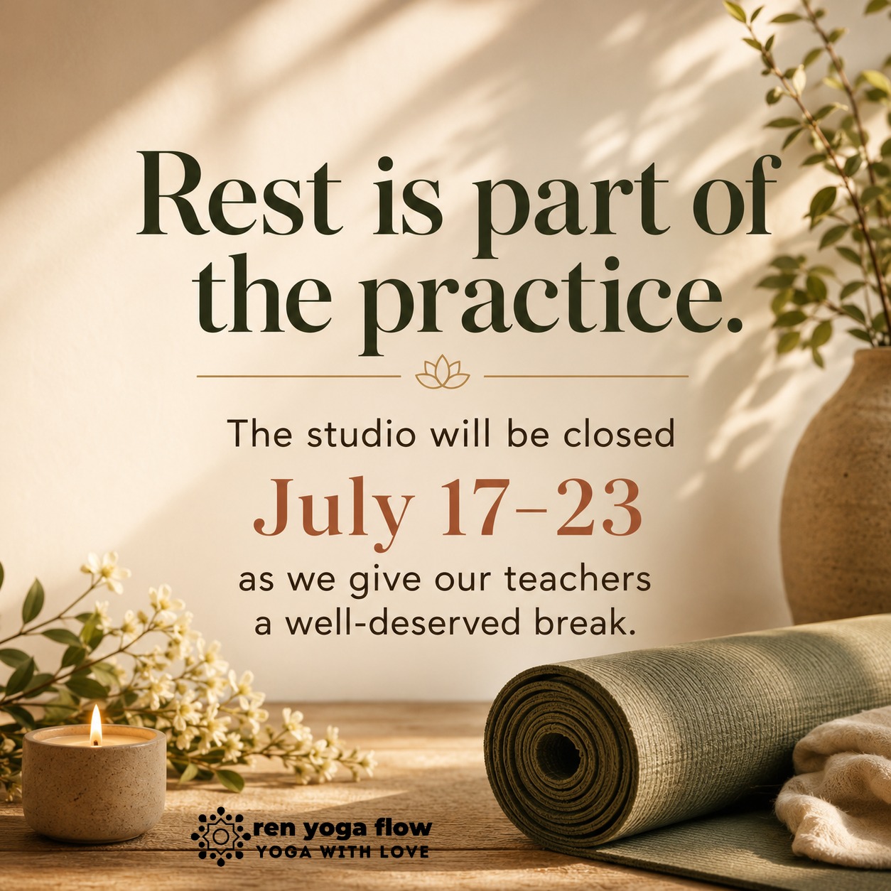 Rest is part of the practice.
Ren Yoga Flow & Healing will be closed July 17–23 as we give our teachers a well-deserved break.
Our teachers pour so much love, energy, care, and presence into this community every week. This pause is a way for us to honor them, support them, and make sure they have time to rest and refill their own cups too.
There will be no regular studio classes during this time. Classes will resume Friday, July 24.
Thank you for being part of a community that understands rest is sacred too.
#RenYogaFlowAndHealing #PuebloYoga #YogaWithLove #RestIsPartOfThePractice #TeacherRestWeek #PuebloCO #YogaStudio #CommunityCare