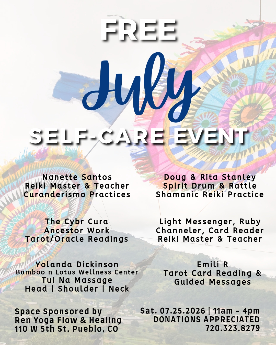 a free day of rest, ritual, and remembering. on saturday, july 25th from 11am to 4pm, the studio is opening its doors and its heart to a self-care event unlike any other. reiki masters, tarot readers, sound healers, and bodyworkers will be here offering their gifts, and all we ask is that you bring yourself, exactly as you are. donations appreciated, nothing required.
#PuebloCO #SelfCareEvent #CommunityHealing #FreeEvent #RenYogaFlow #HoldingSpace #SouthernColorado #EnergyHealing