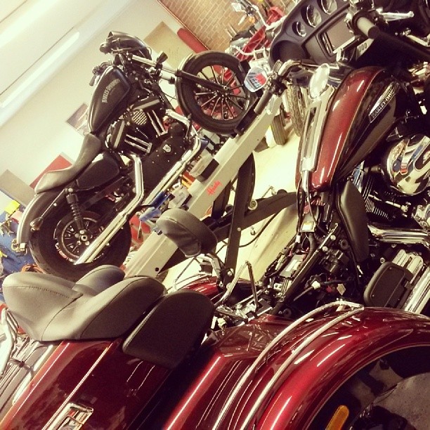 Sportster and Tri-Glide at service bay. #harleydavidson #mrmooremotorcycles #hdtampere #sportster #triglide #service