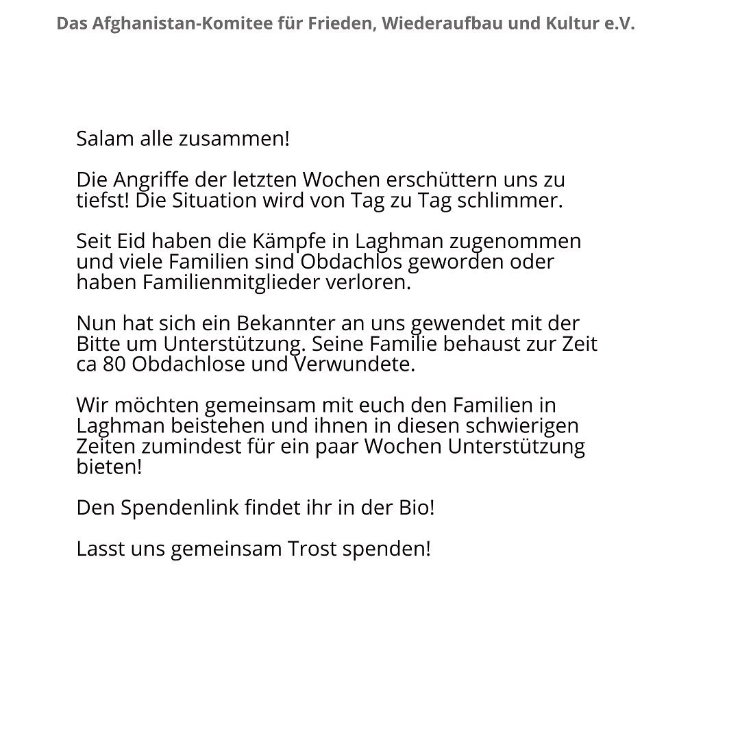 #laghman#afghanistan#nothilfe#emergencyaid
Salam alle zusammen!
Auf die Bitte eine Bekannten möchten mit euch gemeinsam Spenden sammeln und die Familien unterstützen!
Den Spendenlink findet ihr in der bio! 🙏🏻
Salam everyone!
At the request of a friend we want to collect donations together with you in order to support the families!
You can find the donation link in the bio! 🙏🏻