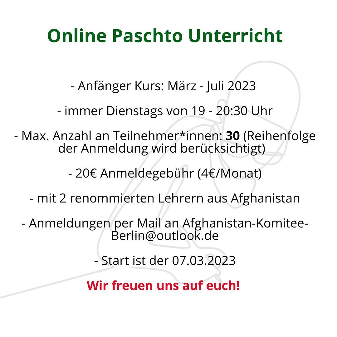 Endlich, nach 2 Jahren bieten wir wieder einen Online Paschto Kurs an! Wir freuen uns auf die nächsten Monate zusammen mit euch!