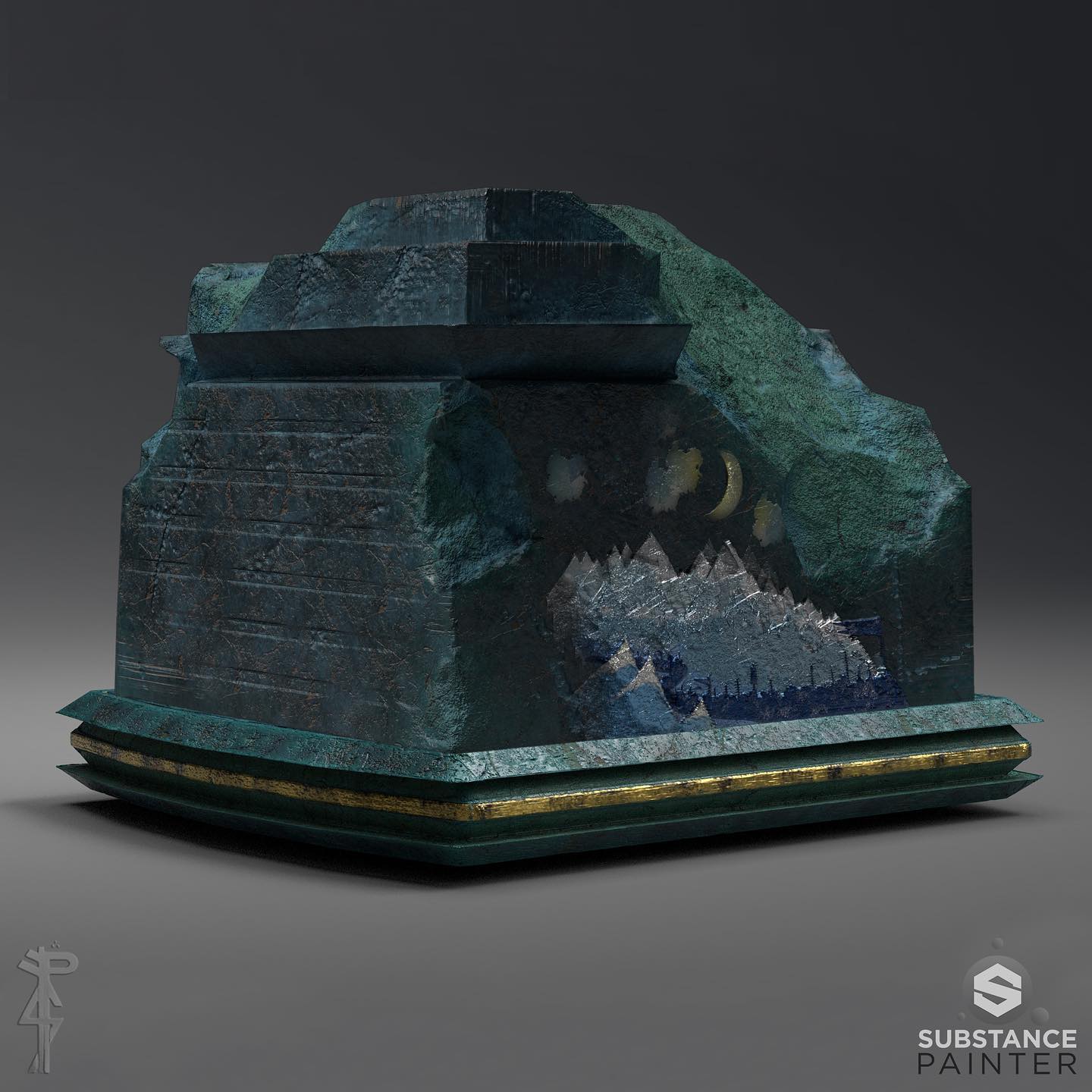 These bases with the mosaics were the first elements that I worked in depth in the scene. I decided to represent two passages of the Silmarillion on each mosaic, being the first “The flight of the Noldor” where one of the families of the elves escape Valinor after committing fratricide and stealing the swan-shaped boats of the Teleri. The second mosaic depicts another family of noldori elves that were tricked and left behind, therefore forced to march to Middle-earth through the northern frozen wastes of Helcaraxë. Two subtle details on these mosaics are the seven stars on the former one that were put in the sky by Varda to help the elves to sail, and the moon on the latter, that rose for the first time in the sky when Fingolfin and his host of exiles stepped on Middle-earth.
First, I worked on the clean base without any mosaic and damage. After I had the bases textured and rendered like that, I went back to Zbrush and added the mosaic as layers, then I ran the same process for the sculpted damage. That way, I was able to work procedurally and create multiple variations of the prop from a single source.
The nine maps showcased here demonstrate a more detailed process that I used to texture in Painter. I used extra maps to create subsurface scattering and multiple layers of stone and metalwork. The maps in order are: wire-framed material, diffuse, normal, roughness, occlusion, thickness, metallic, height, and ID map.
•
•
•
#zbrush #madeinzbrush #substancepainter #adobesubstance3dpainter #substance3dpainter #unrealengine #ue4 #ue5 #4k #3d #3dsculpting #3dart #3dartist #3dtexturing #piero #pierofolly #pierolsfolly #nargothrond #silmarillion #thesilmarillion #tolkien #lotr #jrrtolkien #firstage #middleearth #elves #noldor #historyofmiddleearth #legendarium #turquoise
@substance3dart