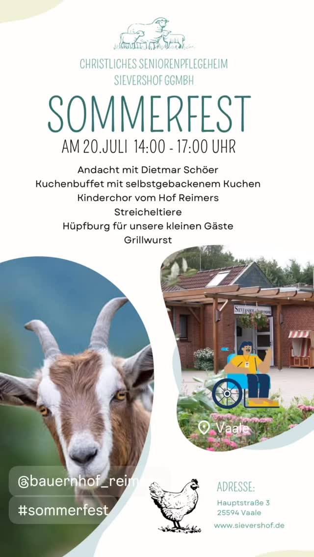 🌞🐄 Sommerfest im Sievershof 🐄🌞
Am 20.07.2025 feiern wir das schöne Landleben! 🚜🌾 Kommt vorbei und erlebt einen bunten Tag auf dem Gelände des Sievershof! 🐓👨👩👧👦
🙏 Andacht mit Dietmar Schöer – ein Moment zum Innehalten und Auftanken 🌿⛪
🍰 Selbstgebackener Kuchen – mit Liebe aus dem Ofen!
🎶 Der Kinderchor Hof Reimers singt plattdeutsche Lieder – dat geiht datHart op! 🎵🧒👧
🐄💦 Melkwettbewerb – Wer melkt die größte Menge? 🥇🥛 Zeigt euer Talent!
🤸♂️🎈 Hüpfburg für die Kinder – Tobespaß garantiert!
🌭🔥 Zum Abendbrot gibt’s leckere Grillwurst vom Rost! 😋
Kommt vorbei – wir freuen uns auf euch! 💚🎉
#Sommerfest #Sievershof #SchönesLandleben #Andacht #Plattdeutsch #Melkwettbewerb #Kinderchor #Grillwurst #Hüpfburg #Landliebe #Familienfest #Dorfleben #Hofleben