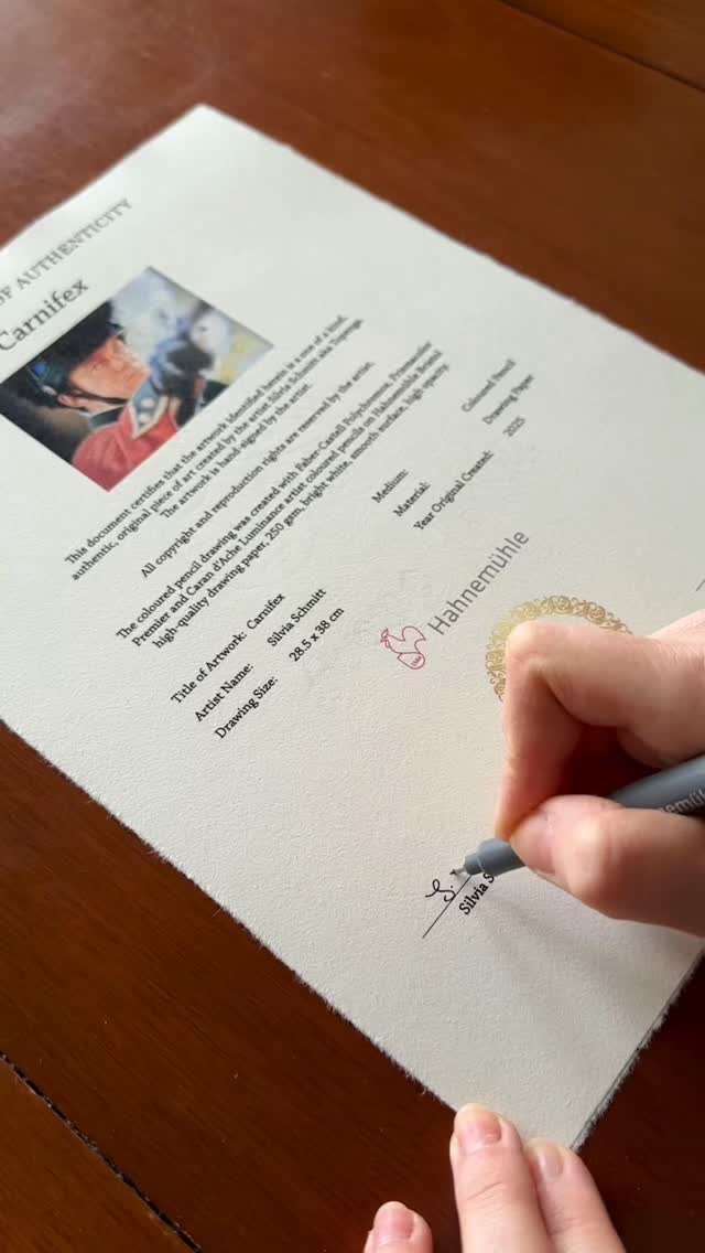 Every signature carries a story — a final moment between artist and artwork.
Each frame and handwritten note, a gesture of gratitude before parting ways.
“Carnifex” — complete, sealed with care, and ready to begin its own chapter. ??️
Created and certified on Hahnemühle paper — crafted to endure, just like the story it tells.
#Certificate #CollectorEdition #ArtistAtWork #FineArtDrawing #RealisticArtwork #ArtCollectorsOfIg #Carnifex #JasonIsaacs #ThePatriot #Hahnemühle #HahnemühlePaper #Topenga #TopengaArt
