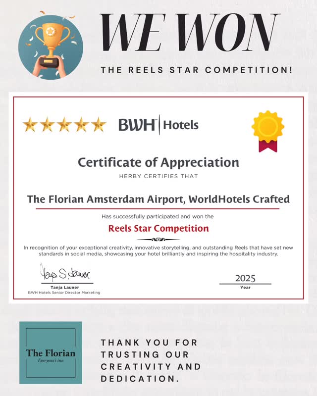 We’re proud to share that The Florian Hotel won the Reels Star Competition 2025 by WorldHotels ??
Social media is truly our passion—we love telling stories, creating inspiring content, and sharing the Florian experience with our guests every day ?? From behind-the-scenes moments to unforgettable stays, this recognition means a lot to us.
A special thank you to the WorldHotels Marketing Department for the ongoing support and great collaboration. We’re excited to keep creating and sharing more stories together! ?✨ @worldhotels_collection @bestwesternemea
#WorldHotels #ReelsStar2025 #TheFlorianHotel #HotelMarketing #SocialMediaLove