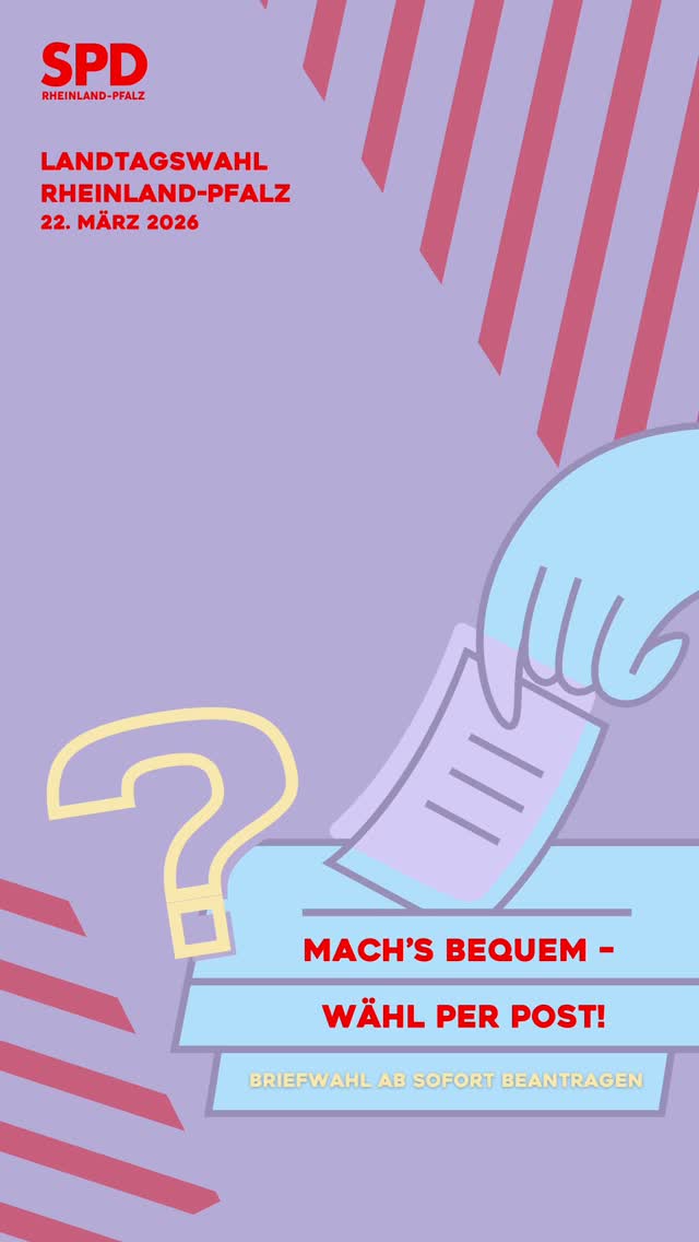 Am 22. März wird in Rheinland-Pfalz gewählt!
Keine Zeit am Wahltag ins Wahllokal zu gehen? Dann nutze die Briefwahl – ganz einfach und bequem von zu Hause.
Sobald Du deine Wahlbenachrichtigung per Post erhalten hast, kannst Du deine Briefwahlunterlagen rechtzeitig per Formular oder Online beantragen und schon jetzt dein Kreuz setzen.
Weil jede Stimme zählt – auch deine!
#neuwied #dierdorf #puderbach #spdrlp #teamlana #ausliebezumland #landtagswahl2026 #rheinlandpfalz