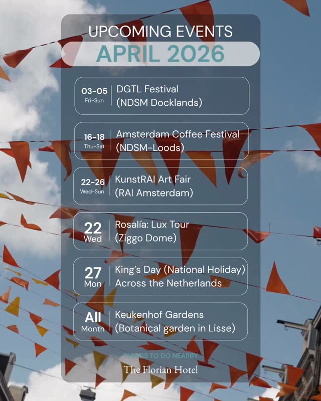 What’s happening near The Florian Hotel this April?
Staying with us (or planning to)? You’re in the perfect spot to enjoy some incredible events in Amsterdam and nearby ??
? 3–5/04 — DGTL Festival
? NDSM Docklands @dgtlfestival
☕ 16–18/04 — Amsterdam Coffee Festival
? NDSM-Loods — for all coffee lovers @amsterdamcoffeefestival
?️ 22–26/04 — KunstRAI Art Fair
? RAI Amsterdam — discover contemporary art @kunstrai
? 22/04 — Rosalía: Lux Tour
? Ziggo Dome — an unforgettable live show @rosalia.vt
? 27/04 — King’s Day
? National Holiday celebrated all across the Netherlands
? All April — Keukenhof Tulip Gardens
? Lisse — wander through the world’s most famous flower gardens @visitkeukenhof
#TheFlorianHotel #AmsterdamEvents #AprilInAmsterdam #WhatsOnAmsterdam #HotelLife