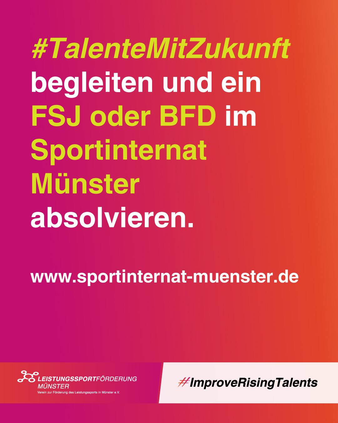 Der Verein zur Förderung des Leistungssports in Münster e.V. bietet ab dem 01.09.2025 die Möglichkeit ein FSJ/BFD im @sportinternat_muenster_ zu absolvieren. Wer sich in einem spannenden Arbeitsumfeld mit jungen Talenten engagieren möchte und ggf. bereits Erfahrungen im organisierten Sport oder in Einrichtungen der Kinder- und Jugendhilfe hat und mindestens 18 Jahre alt ist, findet auf unserer Homepage (Link in der Bio) alle relevanten Informationen.
#Sportinternat
#Münster
#SportinternatMuenster
#TalenteMitZukunft
#DualeKarriereImSport
#ImproveRisingTalents