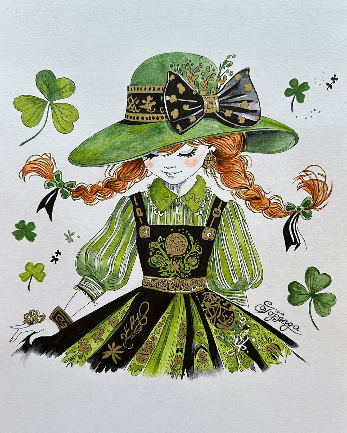 ? Happy (belated) St. Patrick’s Day! ?✨ I had so much fun bringing this festive piece to life! ? This illustration showcases a vibrant character dressed in her best St. Paddy’s Day style—complete with an intricately designed green and black outfit, a jaunty green hat adorned with gold and ribbons, and the charm of Celtic patterns and shamrocks everywhere. ? Her fiery braids add the perfect touch of personality to the festive spirit! ?
Creating this was such a joy, and I hope it brings a little extra luck and cheer your way!
#StPatricksDay #ShamrockStyle #Shamrocks #FashionIllustrations #ChildrensIllustrations #ArtLover #CelticDesign #GreenVibes #LuckOTheIrish #PittArtistPen #FaberCastell #TombowBrushPen #Tombow #Hahnemühle #Topenga #TopengaArt