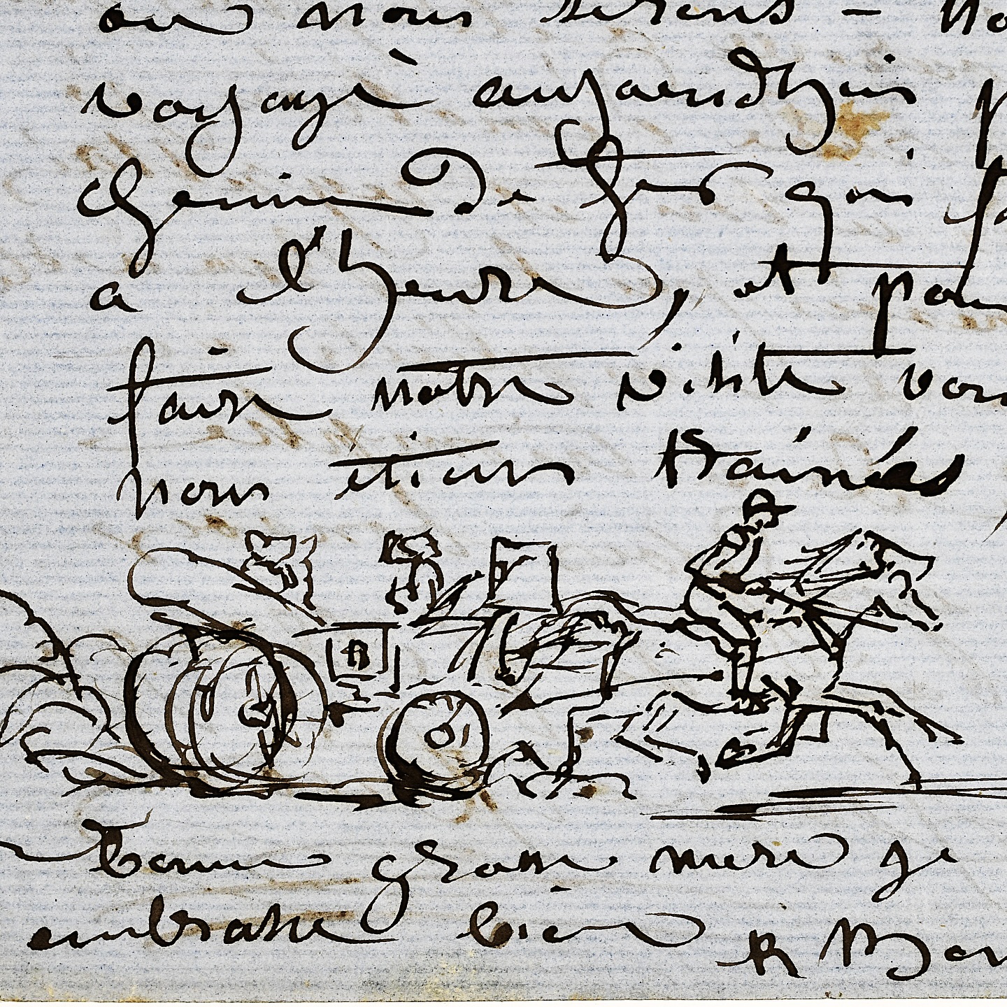 Archive du jour : une lettre dessinée de Rosa ! Partie en voyage dans les Pyrénées avec Nathalie Micas, Rosa Bonheur se hâte de donner de leurs nouvelles à Henriette Micas, mère de Nathalie. Rosa Bonheur la faisait sienne aussi, lui donnant le surnom affectueux de « bonne grosse mère ».
Elle raconte combien elles sont chargées, transportées de lieux en lieux à toute vitesse. D’où ce fabuleux dessin !
#rosabonheur #chateaurosabonheur #correspondance #archives #musee #lettre #dessin #femmeartiste