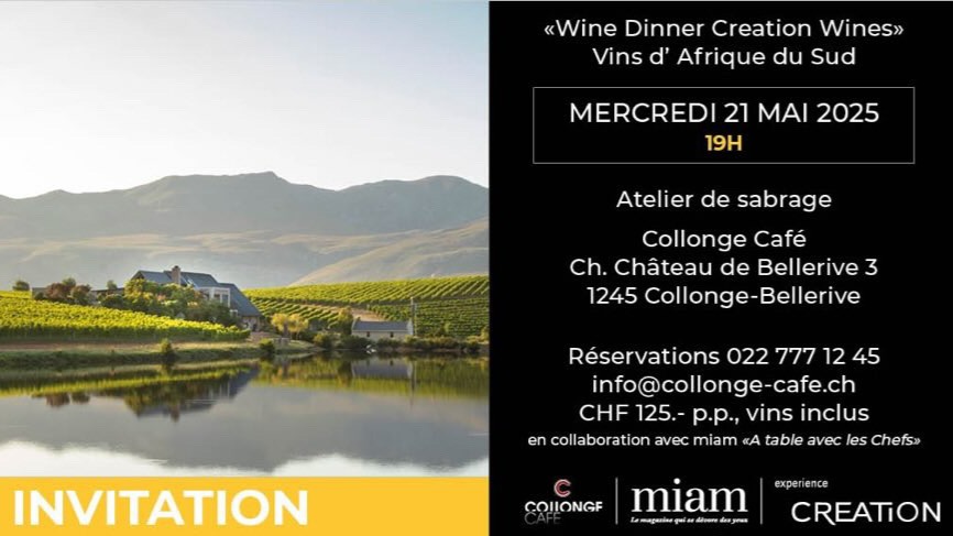 ? WINE & DINE – SAVE THE DATE ?
? Collonge Café
? 21.05.2025 à 19h00
Embarquez pour un voyage gourmand direction l’Afrique du Sud ?? !
Le temps d’une soirée, découvrez une sélection de vins sud-africains d’exception, accompagnés d’un menu raffiné en accord mets & vins.
✨ 5 vins – 5 plats – une expérience unique ✨
Places limitées, sur réservation uniquement.
? Réservations au 079 954 51 93
? ou par message direct
#WineAndDine #SouthAfricanWine #CollongeCafé #EventGastronomique #SoiréeVins #AccordsMetsEtVins #VinsDAfriqueDuSud