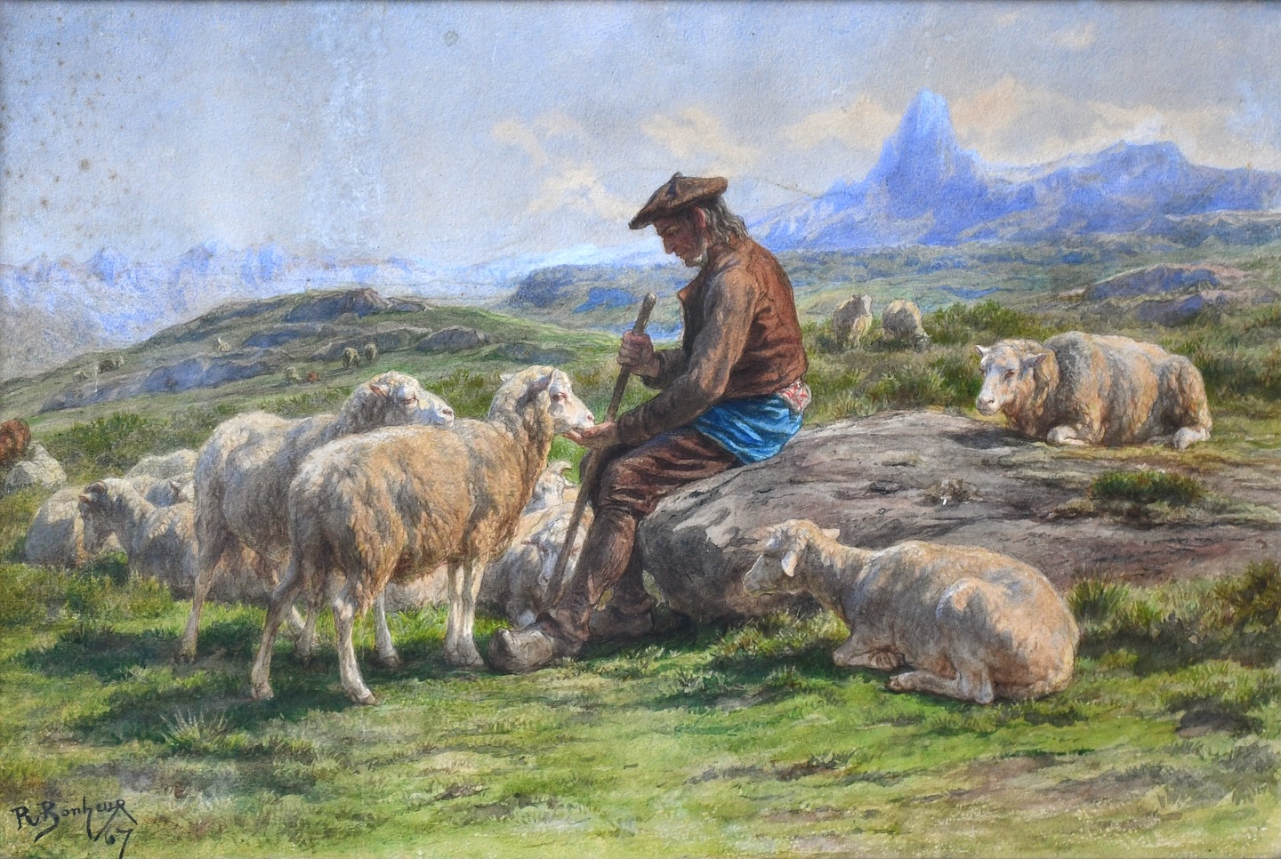 Berger des Pyrénées donnant du sel à ses moutons.
Le saviez-vous ? Ernest Gambart, marchand de tableaux et ami de Rosa Bonheur, a souvent sollicité la peintre animalière pour qu’elle réalise des copies à l’aquarelle de ses tableaux.
L’aquarelle présentait plusieurs avantages. Tout d’abord, le temps de séchage est beaucoup plus rapide que de réaliser une copie à la peinture à l’huile. Alors, Rosa Bonheur et Ernest Gambart pouvaient satisfaire rapidement le commanditaire.
Mais surtout, l’aquarelle est très prisée par les anglais, qui ont même fondé une Société dédiée à la technique. Très friands des œuvres de Rosa Bonheur, en obtenir une copie en aquarelle était parfois plus apprécié et plus coûteux que son original à l’huile !
En effet, l’artiste manie l’aquarelle avec une grande sensibilité, accordant une belle importance au rendu des lumières.
Ainsi, ce thème du Berger donnant du sel à ses moutons, est à l’origine un tableau à l’huile, commandé par le Duc d’Aumale, réalisé en 1864.
Et ce n’est que 3 ans plus tard qu’Ernest Gambart en demande la copie !
Mais Rosa Bonheur, depuis son Marché aux Chevaux, n’a jamais réalisé deux compositions identiques. Alors, l’aquarelle présente quelques variations.
#rosabonheur #chateaurosabonheur #museerosabonheur #chantilly #femmeartiste #womeninarts #berger #tableau #art #musee