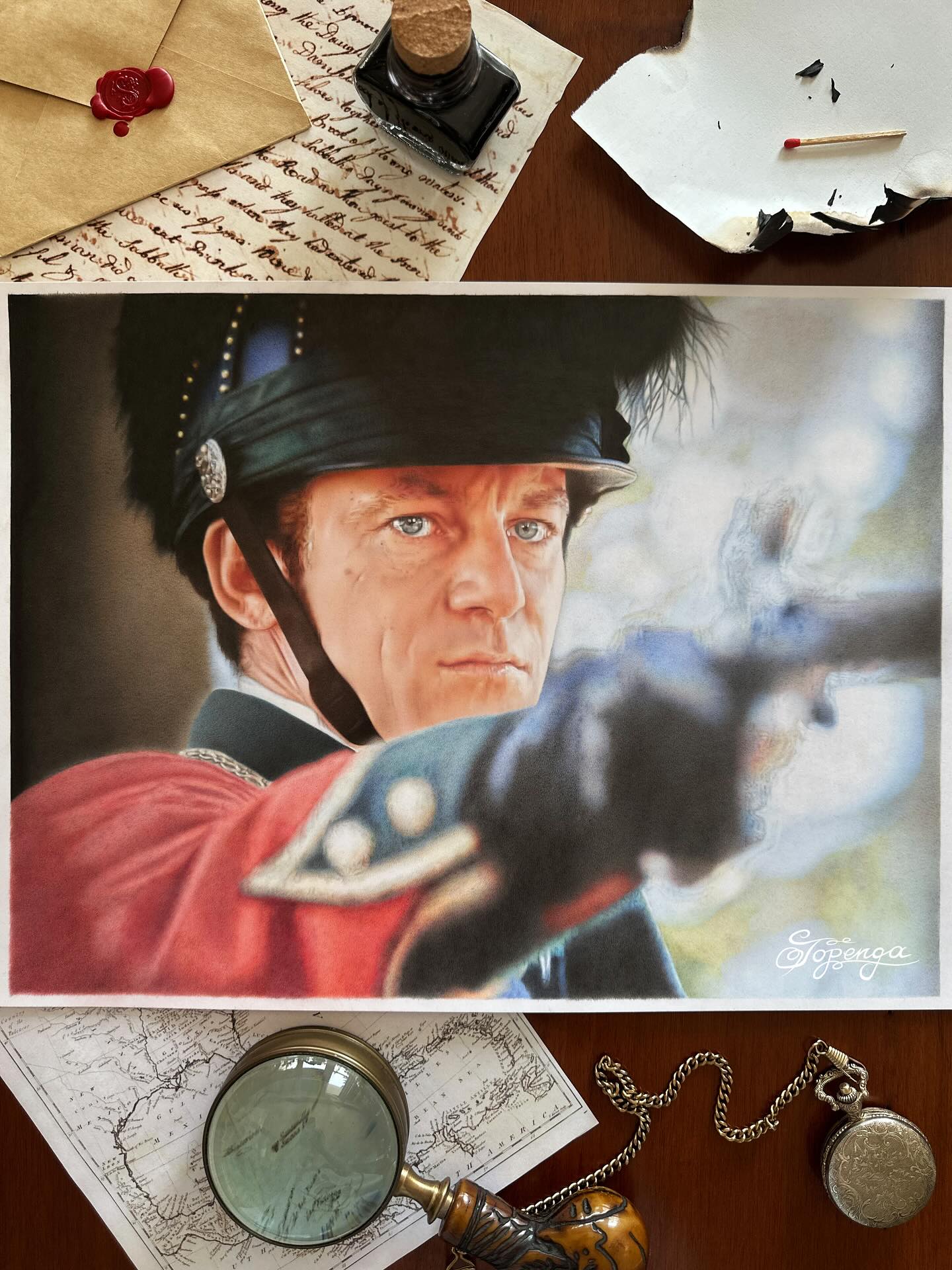 “You know, it’s an ugly business doing one’s duty... but just occasionally it’s a real pleasure.”
~Colonel William Tavington
25 years ago, Roland Emmerich’s The Patriot brought the brutality of war to the big screen — not through the eyes of kings or generals, but through the life of a farmer and his family, caught in the storm of history.
Every great story needs its villain. Jason Isaacs’ unforgettable portrayal of Colonel William Tavington embodies the darkness that makes heroes shine even brighter. Antagonists have a strange allure — they fascinate us, they repulse us, and ultimately, they define the scale of the struggle. What would Star Wars be without Darth Vader? Tavington is such a character: you love to hate him.
This drawing is my artistic tribute — not to glorify his cruelty, but to capture the dramatic presence of one of cinema’s most compelling villains.
This portrait has been my journey of 400 hours, created with Faber-Castell Polychromos coloured pencils on Hahnemühle Bristol paper, 28.5 × 38.3 cm.
Every detail, every layer of pencil, was a step deeper into the darkness of this character.
And now, after a journey into shadow and detail, I finally reveal my vision: Carnifex.
#ThePatriot #JasonIsaacs #MelGibson #RolandEmmerich #FaberCastellPolychromos #Hahnemühle #HahnemühlePaper #ColoredPencilArt #RealisticDrawing #InstaDrawings #ArtCollectorsOfIg #Bristolpaper #HistoricalDrama #Topenga #TopengaArt
