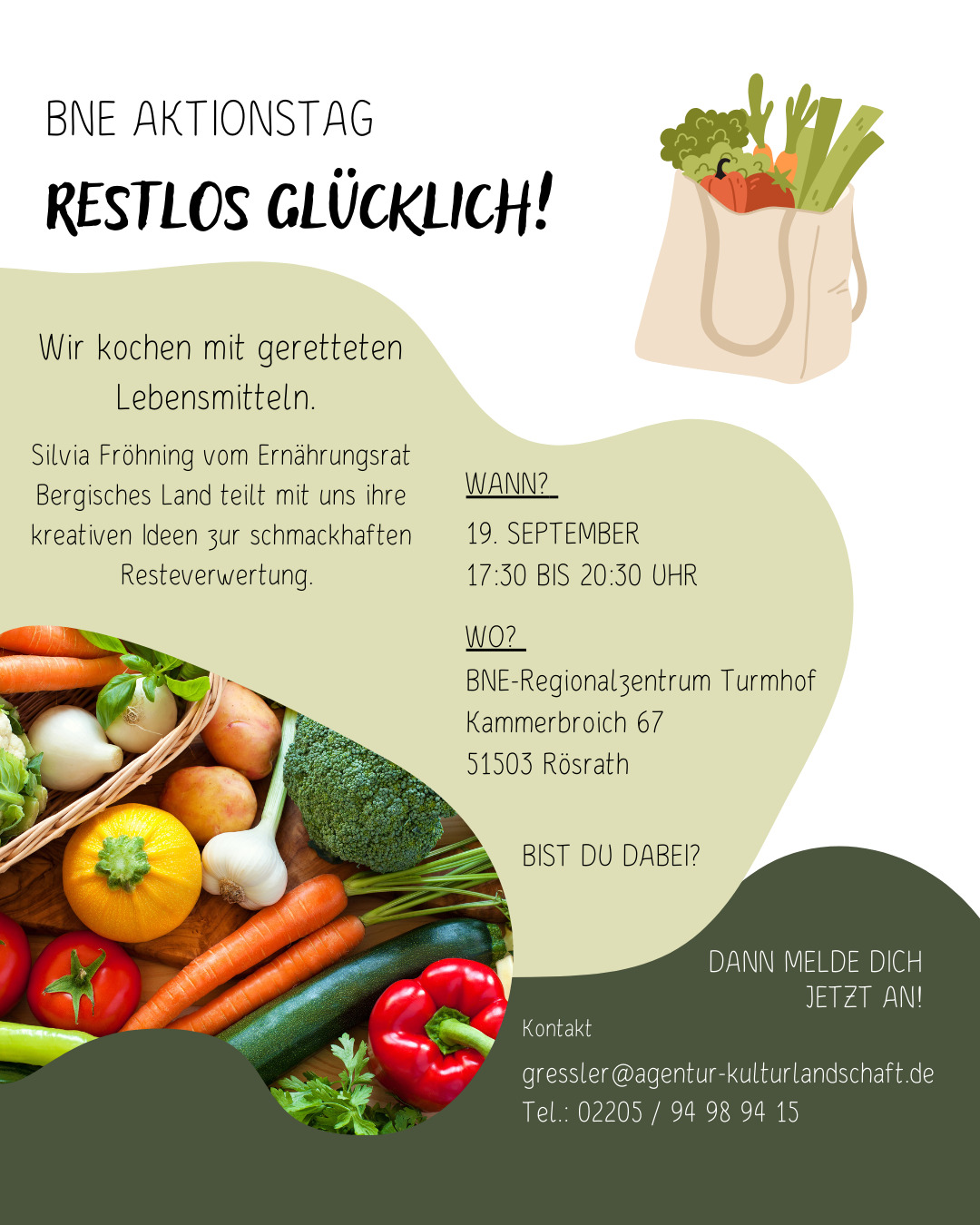 Kreativ und spontan ohne Rezept und Einkaufzettel aus vorhandenen Lebensmitteln eine leckere Mahlzeit zaubern – geht das? Ja klar!
Man nehme eine Prise Kreativität, eine gute Portion Improvisation und viele tolle Lebensmittel, die viel zu gut für die Tonne sind und ruck-zuck steht das Abendessen auf dem Tisch! ?????️???
Obst & Gemüse stehen ebenso wie altes Brot ganz oben auf der Liste, der Lebensmittel, die oft weggeworfen werden. Das wollen wir ändern!
Du möchtest auch aufhören noch genießbare Lebensmittel zu verschwenden und hast Lust neue Ideen für die Resteverwertung zu bekommen und auszuprobieren?
Dann melde dich hier an:
gressler@agentur-kulturlandschaft.de oder 02205/94989415
Wir freuen uns auf ein leckeres gemeinsames Kochen und Genießen! ??️
#bne #bneaktionstage #bnenrw #restlosglücklich #rösrath #bergischeagenturfürkulturlandschaft