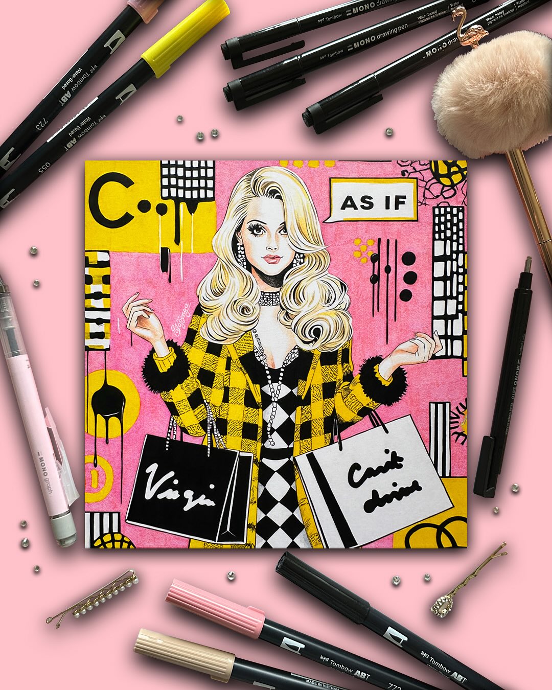 For this artwork — titled „Cara“, the Latin echo of Cher, meaning dear, precious, beloved — I reached for some of my favourite Tombow tools:
• MONO graph Mechanical Pencil in Pastel Sakura Pink
• MONO zero Eraser Pen, classic round tip
• MONO Drawing Pen
• ABT Dual Brush Pen
It was pure joy creating this piece — especially working with such bright, vibrant colours that pop beautifully against the black fineliner work. The contrast brought the whole illustration to life and made every moment of drawing feel playful and expressive.
And no… this won’t be the last artwork of this kind.
As if I could ever get enough of it! ?✨
Oh — and there’s a little Easter Egg hidden for the true Clueless fans:
Take a closer look at the two shopping bags in the drawing. When you put them together, they reveal one of the most iconic lines from the movie — a cheeky message from Tai to Cher after their falling out. ?
#Clueless #Clueless30 #ArtMaterials #ArtTools #ArtInspo #CherHorowitz #TombowDualBrushPens #TombowBrushPen #Hahnemühle #HahnemühlePaper #BrushPenArt #PopArtPainting #FashionIllustrations #Topenga #TopengaArt
