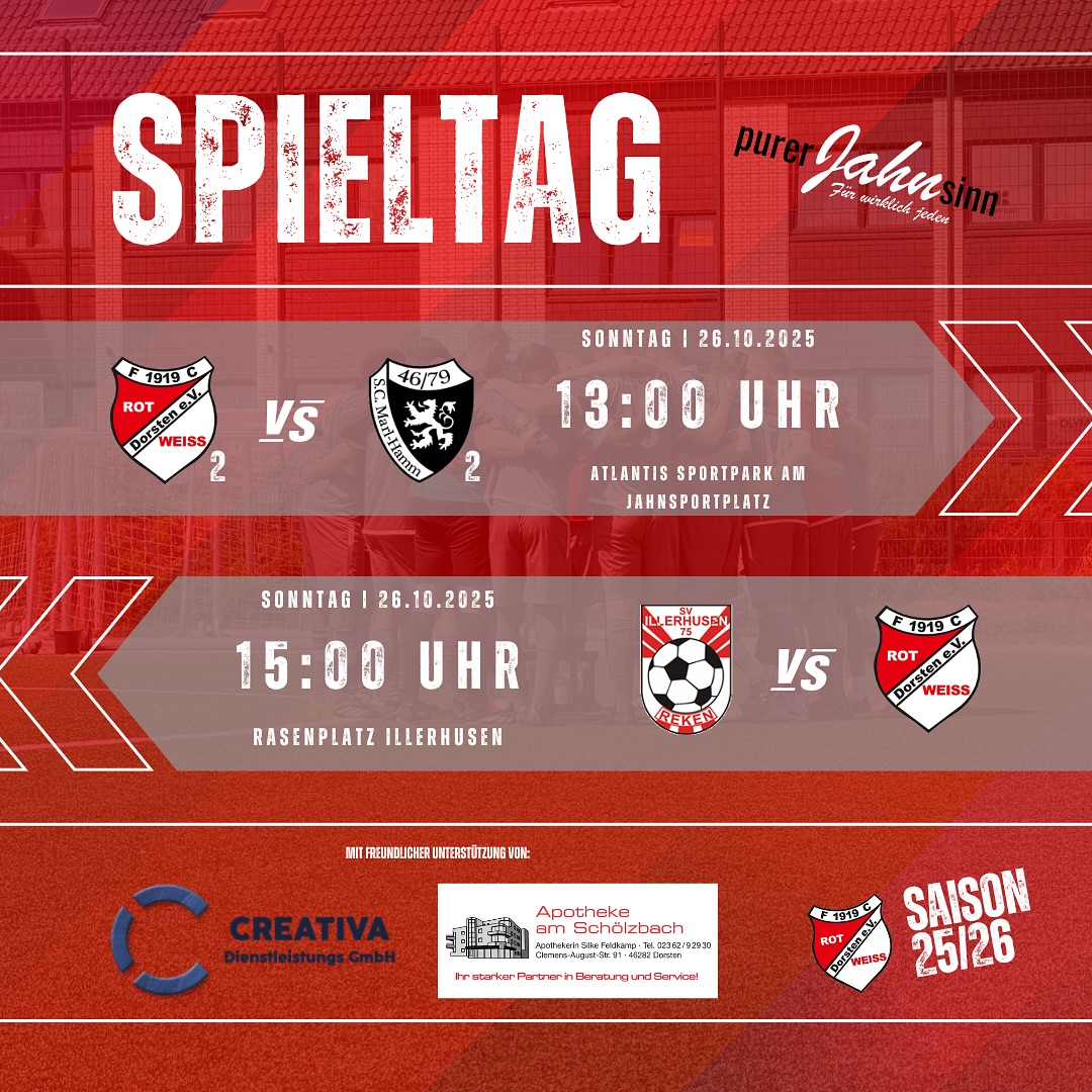 ? Sonntag ist wieder Spieltag! ⚽?
Am morgigen 26.10.2025 stehen unsere beiden Seniorenmannschaften auf dem Platz – und es warten zwei echte Highlights!
? 13:00 Uhr – FC Rot-Weiss Dorsten II ? SC Marl-Hamm II
Unsere #thezwote empfängt die Gäste aus Marl-Hamm im Atlantis Sportpark am Jahnsportplatz.
Beide Teams mischen oben in der Tabelle mit – hier will niemand nur einen Punkt! ?
Also kommt vorbei und erlebt ein intensives Spiel voller Einsatz und Leidenschaft!
⚪ 15:00 Uhr – SV Illerhusen ? FC Rot-Weiss Dorsten
Unsere Erste ist auswärts gefordert! Auch wenn es auswärts bisher noch nicht ganz rund lief, ist das Ziel klar: 3 Punkte mit nach Hause bringen! ?
Kommt mit, unterstützt unser Team! ❤️?
#rwdorsten #rwd #purerjahnsinn #rotweiss #fussball #kreisliga #ehrlicherfussball #supportistkeinmord #reckli̇nghausen