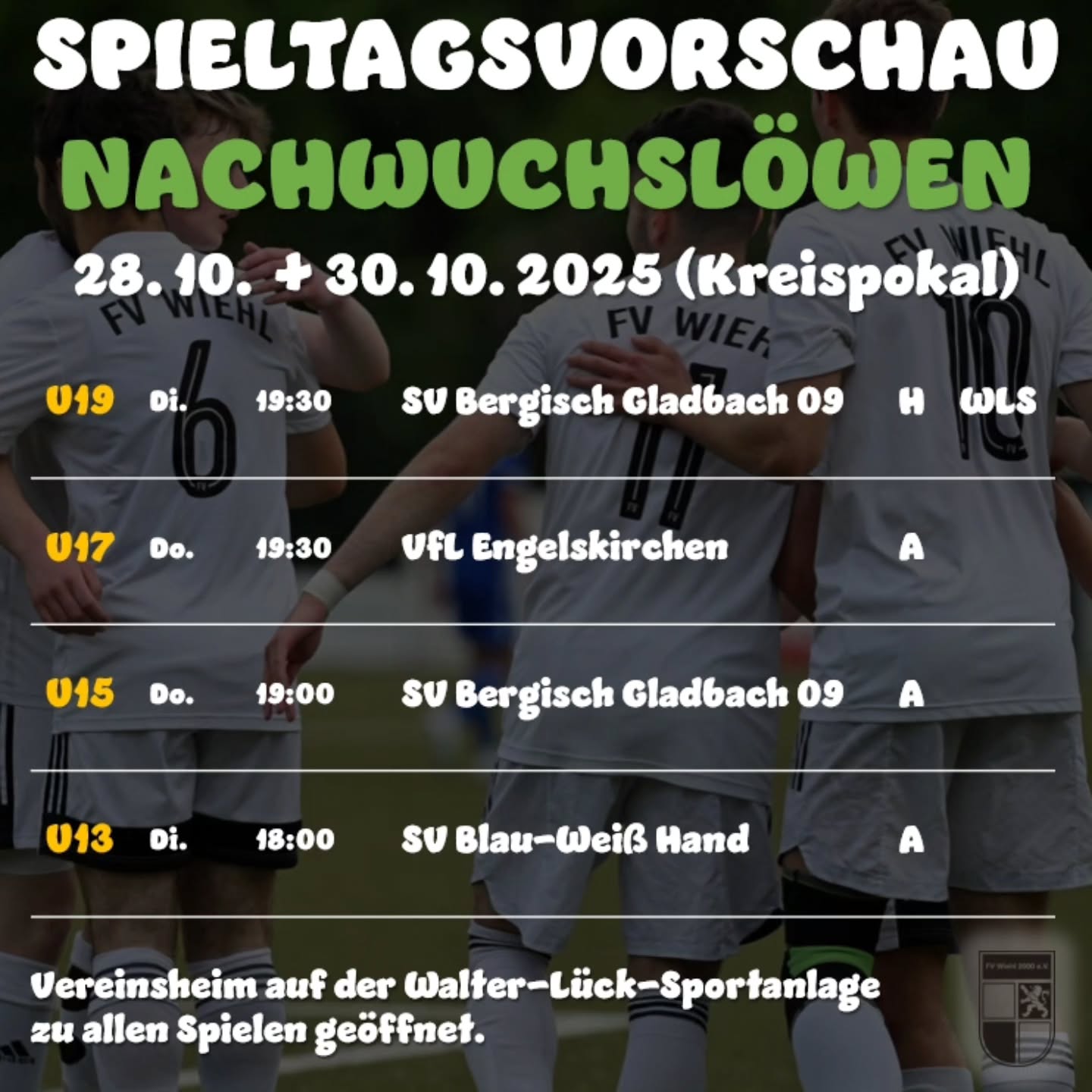 ? In dieser Woche kämpfen unsere Nachwuchslöwen um den Einzug in die nächste Pokalrunde ?
Heute gibt's bereits einen Überblick zu den anstehenden Paarungen, die in dieser Woche dreimal auswärts und einmal auf der Walter-Lück-Sportanlage ?️ stattfinden werden. ??
Unsere Nachwuchslöwen freuen sich auf euren Besuch! ??
? Oberberg-Aktuell
#nachwuchsloewen #mitdemloewenaufderbrust #weilwirdichlieben #fuerdenfv