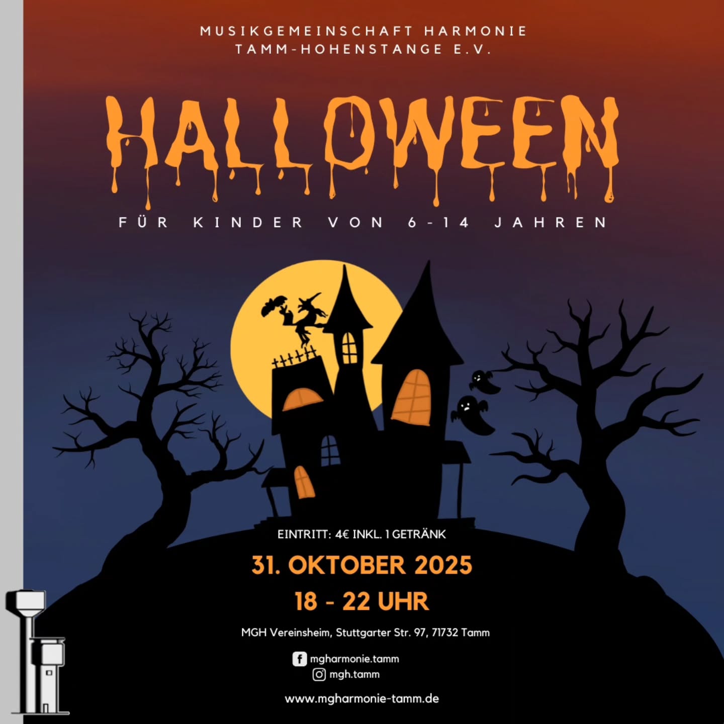 Nächstes Wochenende erwarten wir wieder einige unheimliche Gestalten in der Stuttgarter Straße.
Am Freitag ab 18 Uhr verwandelt sich unser Vereinsheim in ein Geisterhaus mit kleinen Zombies, Vampiren und weiteren gruseligen Gästen.
Gemeinsam wollen wir feiern und unsere beliebten Partyspiele spielen.
Wir freuen uns auf einen schaurigen Abend!
???♀️??
#mghtamm #stadttamm #halloweenfürkinder #halloween #trickortreat