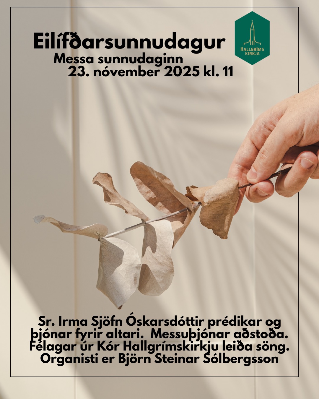 Sunnudagur 23. nóvember 2025 kl. 11.00
Eilífðarsunnudagur
Messa
Sr. Irma Sjöfn Óskarsdóttir prédikar og þjónar fyrir altari. Messuþjónar aðstoða. Félagar úr Kór Hallgrímskirkju leiða söng. Organisti er Björn Steinar Sólbergsson.
Þakklætissunnudagaskóli
Sunnudagaskólinn er á sínum stað.
Umsjón: Kristbjörg Katla Hinriksdóttir, Lára Ruth Clausen og Erlendur Snær Erlendsson HALLGRÍMSKIRKJA – ÞINN STAÐUR