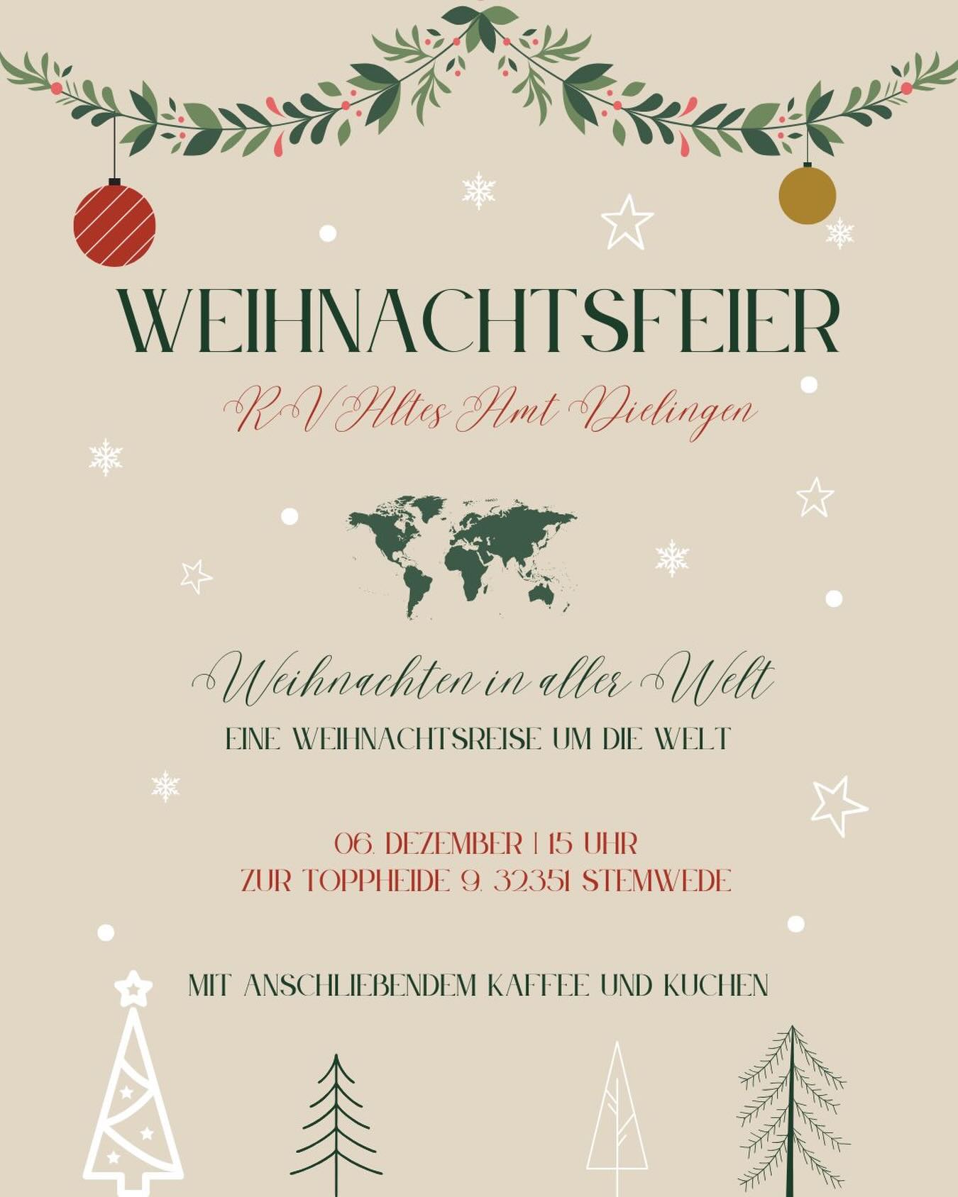 ?✨ Weihnachten in aller Welt - unsere Weihnachtsreise beginnt! ✨?
Packt eure Vorstellungskraft ein, denn dieses Jahr feiern wir Weihnachten einmal ganz anders: Wir gehen auf eine festliche Weltreise! ?✈️
Am 06.12. um 15 Uhr startet unser Programm - freut Euch auf Geschichten, Klänge und Traditionen aus Amerika, Australien, Italien und den Niederlanden. Jedes Land bringt seinen eigenen Zauber mit und gemeinsam erleben wir, wie vielfältig Weihnachten rund um den Globus sein kann. ?
Nach unserer kleinen Expedition wartet der gemütliche Teil auf Euch: Kaffee und Kuchen laden zum Genießen, Plaudern und Weiterträumen ein. ?
Lasst uns gemeinsam feiern, staunen und die Welt ein Stückchen näher zusammenrücken. Wir freuen uns auf Euch! Und vielleicht kommt uns ja auch der Nikolaus besuchen.??
#weihnachten #weihnachtsfeier #rundumdiewelt