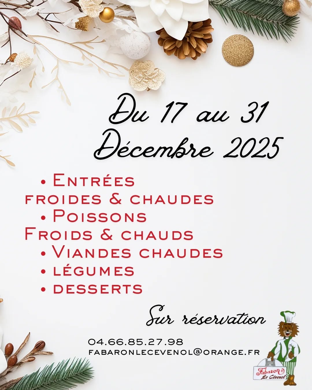 N'attendez plus la dernière minutes, pensez a commander a l'avance : j-20 avant la clôture des commandes ?
Rendez vous sur nos étals pour etre conseillé ou sur notre site internet pour consulter la brochure ??
Préparez en toute sérénité vos fêtes de fin d'année ?