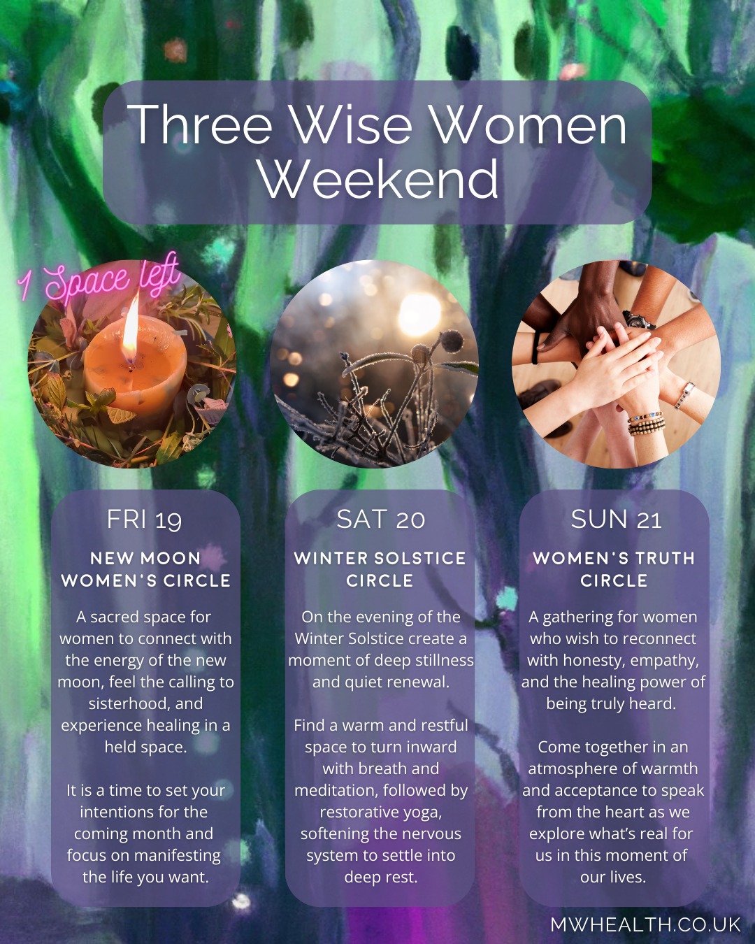Join us for this New Moon Solstice Wise Women Weekender at Moon Women’s Health (63 Chetwynd Road, NW5 1BX).
On Friday evening, Desiree Diaz holds sacred space at the New Moon Women’s Healing & Meditation Circle. You will experience feeling heard and seen as you set your intentions for the month - focusing on manifesting the life that you want and connecting with other women to help your manifestation become even stronger – ONLY 1 SPACE LEFT.
On Saturday afternoon, Chi Chong invites us to honour the longest and darkest night of the year, with the Winter Solstice New Moon Circle - with grounding breath and meditation, followed a restorative yoga practice, allowing the body to soften and the nervous system to settle into deep rest and quiet renewal.
On Sunday afternoon, Assiya Shalabayeva creates an atmosphere of warmth and acceptance, for us to speak from the heart — or to simply listen — as we explore what’s real for us in this moment of our lives. You may come seeking clarity, or connection, or to simply to sit among women and feel the strength of shared truth.
You can find more details and book via the link in our bio.