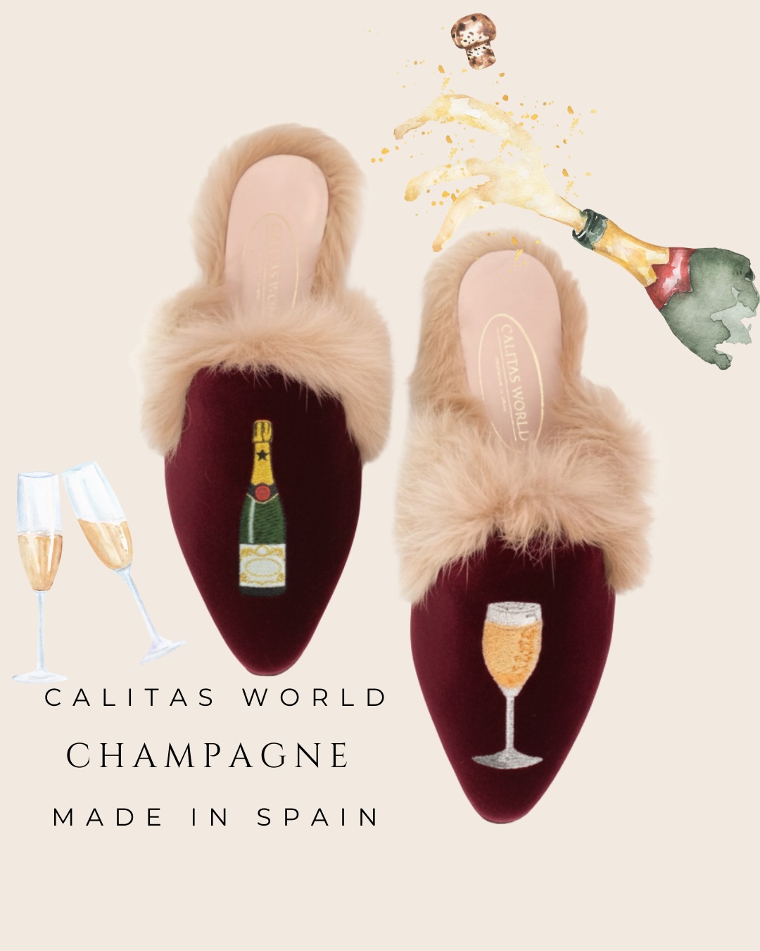 Velvet in the shade of vintage Bordeaux, lined in soft warmth and embroidered with golden charm a bottle on one foot, a sparkling flute on the other. ?✨ Handcrafted in Spain for the woman who loves beauty in the details, elegance with a wink, and a toast to life every day. ???↔️??✨??↔️???
Perfect for cozy evenings, chic dinners, or simply feeling divine at home ???✨??↔️.
#CalitasWorld #VelvetObsession #QuietLuxuryWithAWink #MadeInSpain #ChampagneTime