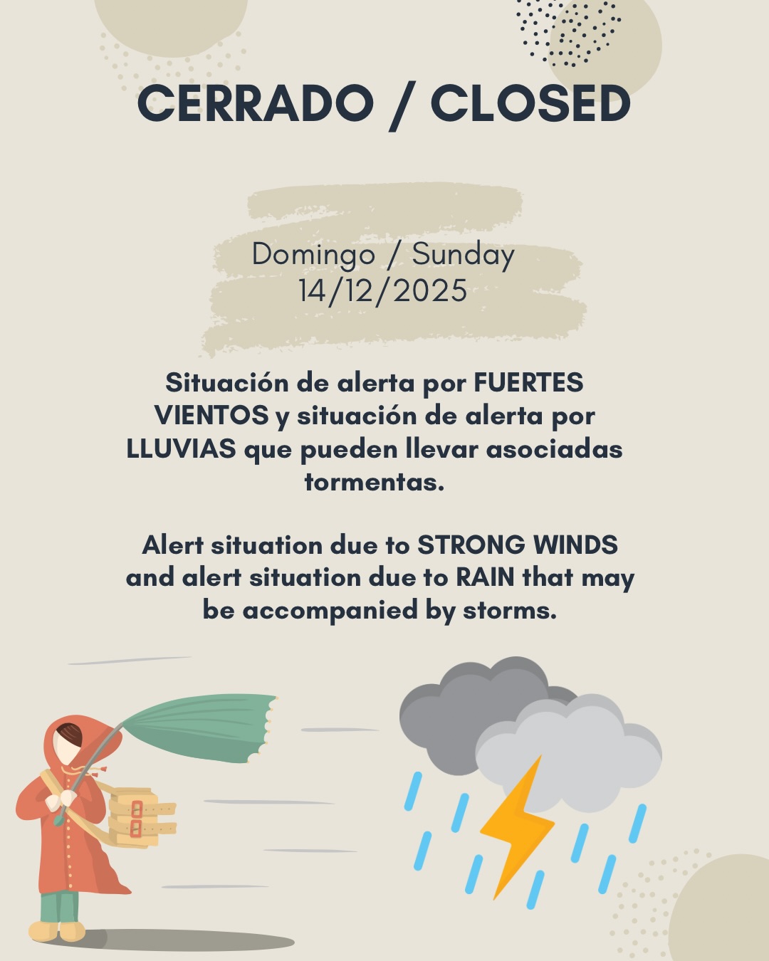 📢 Seguimos cerrados por la borrasca Emilia
Debido a la borrasca Emilia y a las condiciones meteorológicas adversas que continúan afectando a la isla, Forestal Park Tenerife permanecerá cerrado mañana, domingo 14 de diciembre.
🌧️💨 Las lluvias, el viento y el estado del entorno natural hacen que, por seguridad, no sea posible abrir nuestras instalaciones.
🌲 La protección de nuestros visitantes, del equipo y del bosque es siempre nuestra prioridad.
Si tenías reserva para mañana, nos pondremos en contacto contigo para ofrecerte un cambio de fecha o reembolso.
Gracias por vuestra comprensión 💚
•
•
•
#ForestalParkTenerife #BorrascaEmilia #CierreTemporal #Seguridad #Tenerife