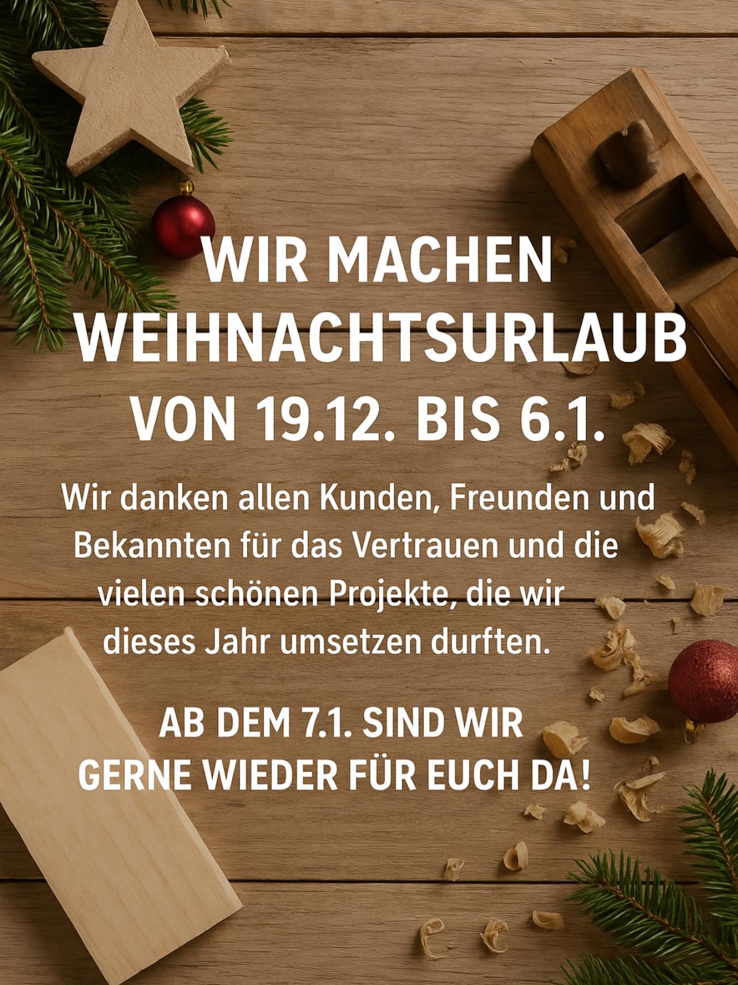 Wir gönnen uns eine kleine Weihnachtspause ?
Ab dem 7. Januar sind wir gerne wieder für euch da.
Bis dahin wünschen wir eine entspannte und schöne Weihnachtszeit. ✨
#wirladendieakkus #weihnachtspause #handwerk #maßarbeit #schreinerei