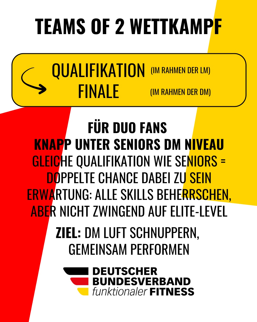 ❓Wer startet 2026 in welcher Division bei der Landesmeisterschaft und Deutschen Meisterschaft des DBVfF ❓
Hier kommt der Überblick, damit du genau weißt, welche Division die richtige für dich sein könnte.
🏋️♀️ Seniors (Elite) 🏋️♀️
Offen für alle, die im funktionalen Fitnesssport auf Top-Niveau unterwegs sind.
Topziel: DM Titel, Kaderqualifikation und damit Chance auf EM und WM inklusive voller Kostenübernahme.
🏋️♀️ Masters 🏋️♀️
In Altersklassen, Start bei AK35-39, danach in 5-Jahres-Schritten. Für alle, die in ihrer Altersklasse auf höchstem Niveau performen. Sonderfall AK30-34 ist bei LM und DM in die Seniors integriert.
Topziel: DM Titel, Kaderqualifikation und damit die Chance auf EM und WM.
🏋️♀️ Juniors 🏋️♀️
Für unsere Nachwuchathlet:innen. In Altersklassen, Start bei AKU12, AK13-14, AK15-16 und AK17-18. Perfekt für Athletinnen und Athleten, die früh in den Leistungssport einsteigen und internationale Perspektive suchen. Sonderfall AK19-20 und AK21-22 sind bei LM und DM in die Seniors integriert.
Topziel: DM Titel, Kaderqualifikation und damit die Chance auf EM und WM.
🏋️♀️ Teams of 2 🏋️♀️
Mehr Startplätze, mehr Chancen, mehr Community. Ideal für alle, die individuell knapp an der Seniors DM-Qualifikation vorbeischrammen oder einfach im Duo stärker performen. Voraussetzung: beide Athlet:innen müssen die Qualifikation machen. Erwartung: alle Skills beherrschen, aber nicht zwingend auf Elite-Level. Perfekt, um DM-Luft zu schnuppern und gemeinsam groß rauszukommen.
👉 Finde deine Division und sichere dir deine Qualifikation für 2026.
#DBVfF #DM2026 #Leistungssport #FunctionalFitness #FunktionaleFitness #DeutscheMeisterschaft2026 #DeutscheMeisterschaft #Landesmeisterschaft #Divisions