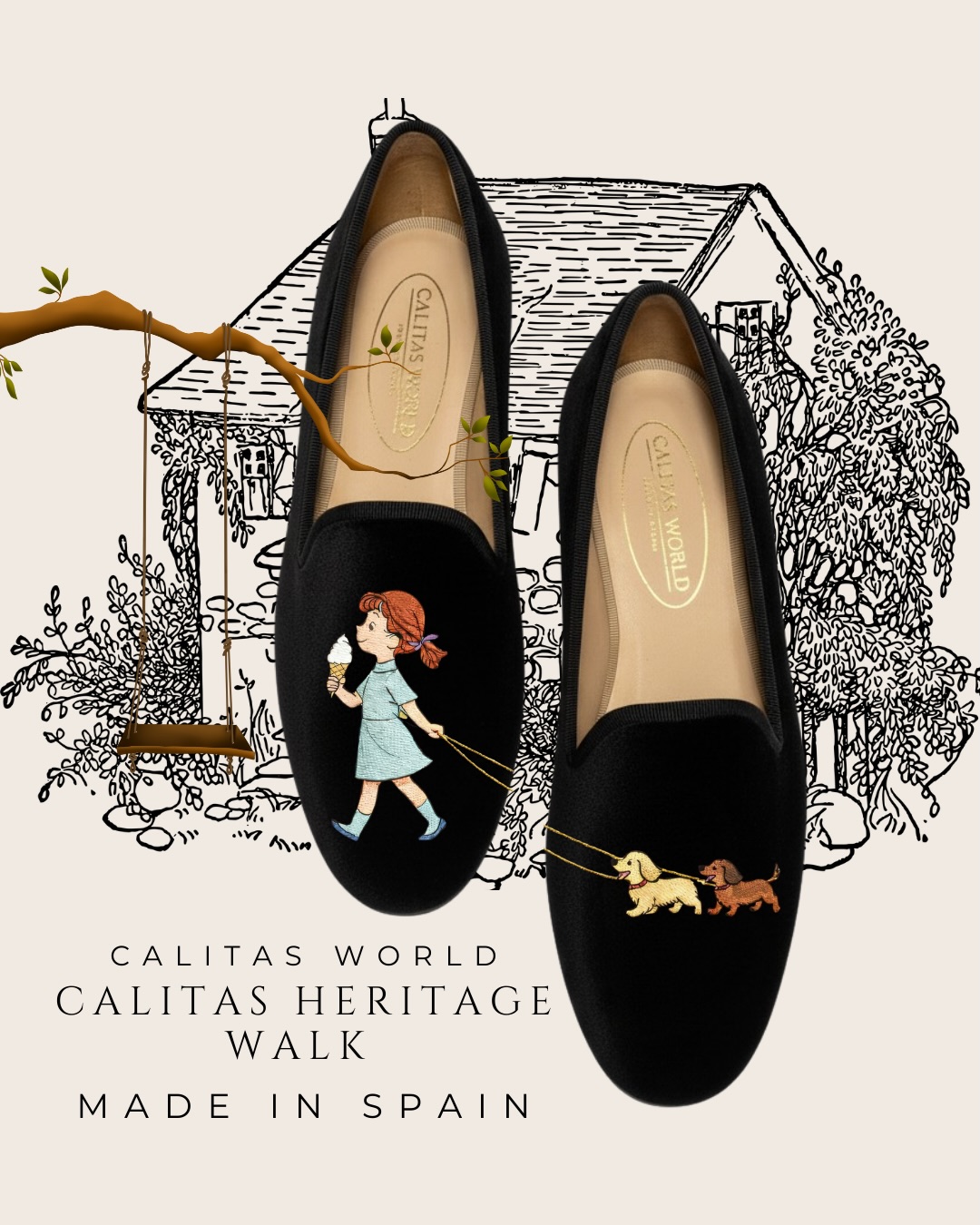 ✨ Imagine a gentler kind of walk… one that feels like childhood memories, countryside afternoons, and stories whispered through time ???✨
Welcome to Calitas Heritage Edition ? an ode to slow days, classic silhouettes, and the poetry of everyday life ??.
Crafted in deep black velvet ✨, each pair becomes a tiny canvas: a girl with her ice cream ??, two loyal little dogs trotting by her side ???, golden leashes catching the light like threads of memory ✨?.
These are not just loafers.
They are scenes ??️.
Moments you carry with you ?.
From quiet village streets ?️? to timeless city corners , Calitas Heritage Walk is designed to move with grace, tenderness, and character ✨?↔️.
Made in Spain ???, with artisanal care and a love for details that feel personal, nostalgic, and forever chic ✨.
Because walking can be practical…
but walking with a story makes it unforgettable ✨