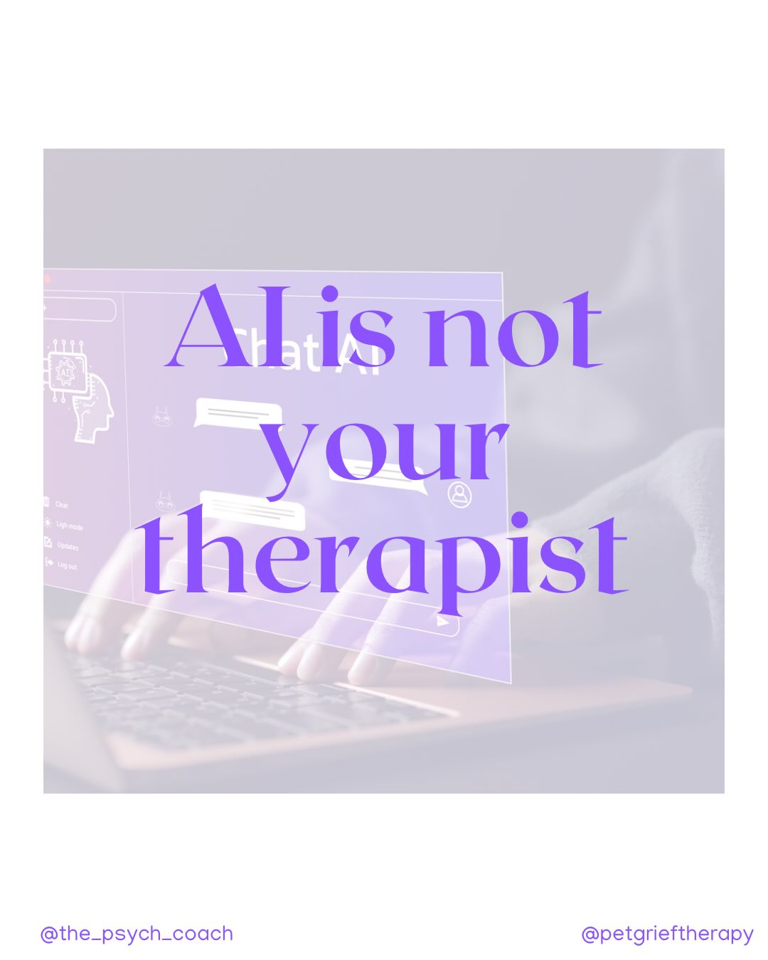 𝗪𝐡𝐲 𝐀𝐈 𝐢𝐬 𝐧𝐨𝐭 𝐲𝐨𝐮𝐫 𝐭𝐡𝐞𝐫𝐚𝐩𝐢𝐬𝐭
Whether you’re a fan of it or not, AI is becoming more embedded in our lives. For the record, I don’t use AI in my business (nor any other aspect of my life).
AI can never replicate therapy.
Here are some of the reasons:
𝟑 𝐜𝐨𝐫𝐞 𝐩𝐫𝐢𝐧𝐜𝐢𝐩𝐥𝐞𝐬
There are 3 core principles that many of us therapists follow as put forward by Carl Rogers: 𝘦𝘮𝘱𝘢𝘵𝘩𝘺, 𝘶𝘯𝘤𝘰𝘯𝘥𝘪𝘵𝘪𝘰𝘯𝘢𝘭 𝘱𝘰𝘴𝘪𝘵𝘪𝘷𝘦 𝘳𝘦𝘨𝘢𝘳𝘥 and 𝘤𝘰𝘯𝘨𝘳𝘶𝘦𝘯𝘤𝘦. This essentially means that as your therapist, I do not judge you, I see your authentic self and I view you in the best light and I am sincere and genuine with you. This is something a machine or program cannot do.
𝐉𝐮𝐧𝐠’𝐬 𝐭𝐫𝐚𝐧𝐬𝐟𝐨𝐫𝐦𝐚𝐭𝐢𝐯𝐞 𝐯𝐢𝐞𝐰
Carl Jung believed that a transformative process takes place in therapy between both the therapist and client, almost like alchemy. I truly believe in this transformation and I have learned so much and changed from my client interactions. I am inspired by my clients. That connection and bond is not possible with a programmed chatbot.
𝐀𝐛𝐮𝐧𝐝𝐚𝐧𝐜𝐞 𝐨𝐟 𝐭𝐡𝐞𝐫𝐚𝐩𝐲 𝐭𝐚𝐥𝐤
We have all seen an increase in “therapy talk” and how it can often be harmful and in some cases weaponised. Words like 𝘣𝘰𝘶𝘯𝘥𝘢𝘳𝘪𝘦𝘴, 𝘵𝘰𝘹𝘪𝘤, 𝘴𝘦𝘭𝘧-𝘤𝘢𝘳𝘦 can be used incorrectly to manipulate and gaslight (to use another often misused term). AI interactions produce an abundance of these words.
𝐂𝐚𝐧’𝐭 𝐬𝐩𝐨𝐭 𝐭𝐡𝐞 𝐬𝐮𝐛𝐭𝐥𝐞 𝐝𝐢𝐟𝐟𝐞𝐫𝐞𝐧𝐜𝐞𝐬
A machine doesn’t know you. It can’t sense the subtle changes in your tone. It doesn’t notice when you look lighter from your troubles or when your posture is showing your pain. It can’t celebrate your wins and be your cheerleader.
𝐀 𝐦𝐚𝐜𝐡𝐢𝐧𝐞 𝐝𝐨𝐞𝐬𝐧’𝐭 𝐜𝐚𝐫𝐞
I truly care about my clients. I think about them long after we have finished working together. I remember birthdays or painful anniversaries. AI does not care; it is not capable of caring.
I am with you on your journey. I am not a feeling-less robot incapable of emotions. AI could never do any of this; AI is not your therapist.