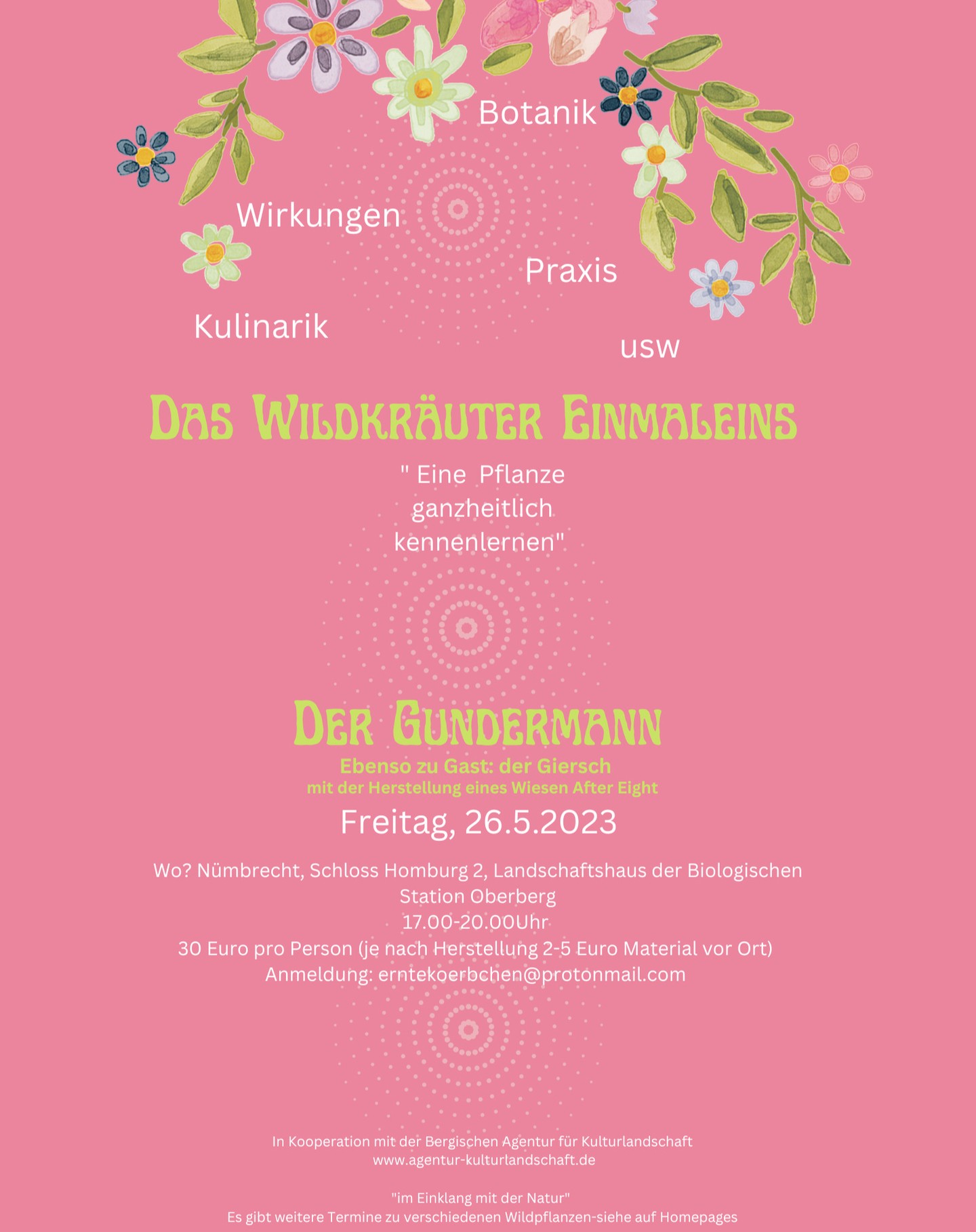 Kennt Ihr das, nach einer Kräuterwanderung habt Ihr viele Pflanzen kennengelernt und doch bleibt zu wenig hängen? Die Kräuterfachfrau Jasmin Dziemba stellt euch das Wildkräuter Einmaleins im Jahresverlauf vor. Ihr habt die Möglichkeit, eine Pflanze rundum zu betrachten: botanisch, geschichtlich, sinnlich & praktisch. Es gibt immer eine weitere Gastpflanze, die mit an der Veranstaltung teilnimmt. Passend zu einem Wildkraut gibt es etwas Selbsthergestelltes zum mit nach Hause nehmen oder vor Ort zum probieren.
? Am 26. Mai geht es um den GUNDERMANN & seinem Gast der GIERSCH ?
In Koopertation mit der BAK
? 30,- € p. Person, zzgl. 2-5 € Materialkosten vor Ort)
? Landschaftshaus der BSO, Nümbrecht
Anmeldung unter: erntekoerbchen@protonmail.com
#kräutereinmaleins #wildkräuter #wildkräuterexpertin #gundermann #giersch #bakbneregionalzentrum