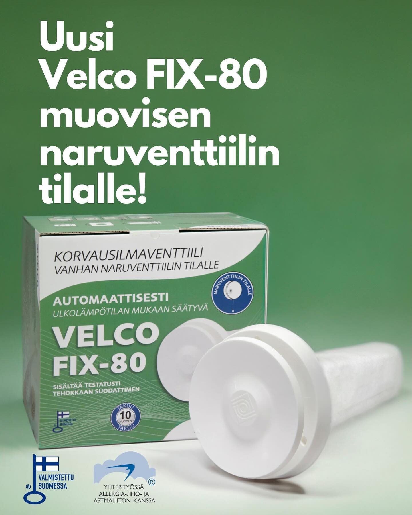 Naruventtiili jumissa?
Tällä uutuustuotteella korjaat ilmanvaihdon kuntoon hetkessä! Muovisten naruventtiilien korvaamiseen suunniteltu Velco FIX-80 korvausilmaratkaisu sisältää automaattisesti ulkolämpötilan mukaan säätyvän korvausilmaventtiilin varustettuna markkinoiden tehokkaimmalla suodattimella. Helposti asennettava Velco FIX-80 tekee ilmanvaihdosta huoletonta ja parantaa merkittävästi sisäilman laatua!
