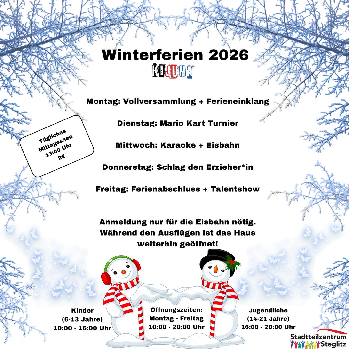 In den Winterferien schon was geplant? Nein!? Dann bist du bei uns total richtig. 😁
Anmeldung bei uns im Haus, telefonisch oder auch über Instagram möglich.
#kijuna #winterferien #hallonachbarschaft #stadtteilzentrumsteglitz #szsteglitz sozialearbeit erzieherin erzieher arbeitenmitkindern jugendarbeit offenejugendarbeit erzieheralltag jugendeinrichtung jugendclub kinder erzieherinmitherz