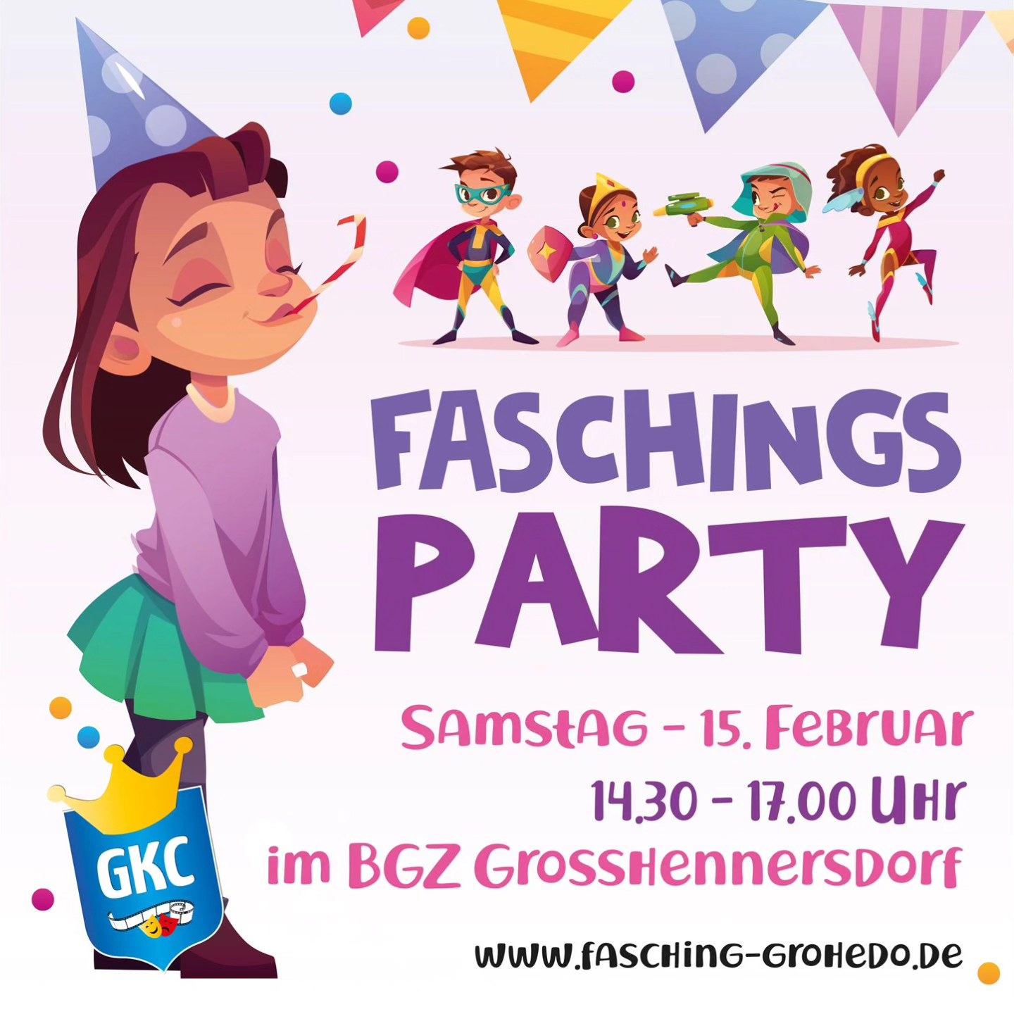 „Hereinspaziert, ihr kleinen Superhelden, Prinzessinnen und Faschingsfreunde! ? Am 15. Februar wird das Begegnungszentrum in Großhennersdorf zur Partyzone – mit cooler Musik, lustigen Spielen und ganz viel Spaß für Kinder. ?♀️? Packt eure besten Kostüme ein und feiert mit uns von 14:30 bis 17:00 Uhr! Eltern dürfen natürlich mitfeiern (oder mitklatschen). ??
Wir freuen uns auf Euch und eine grandiose Party! ?
Kummt oak har!?
Euer GKC ?
