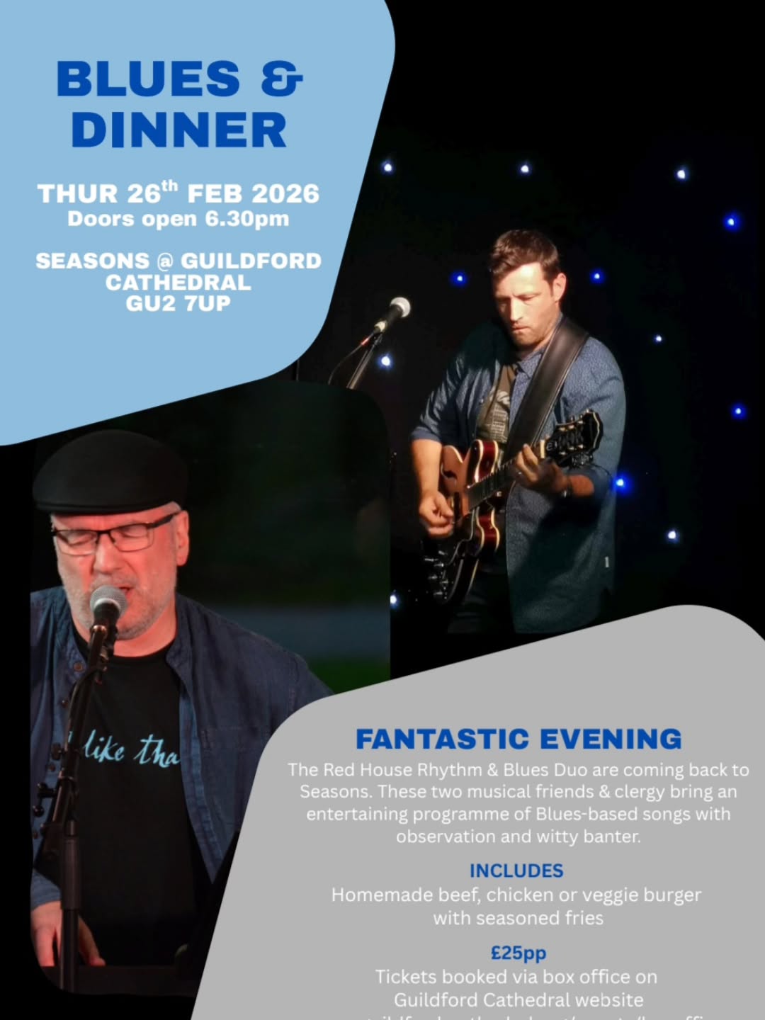 Have you got your tickets to the BLUES & DINNER evening coming back to Seasons on 26th February.
Treat yourself to an evening of terrific music, witty banter and some tasty grub.
Tickets selling fast on The Guildford Cathedral website. Head to the box office section.
#dinnerandblues
@visitsurrey @visitguildford @surreylive @thisisguildford @muddysurrey @surreymamas @surrey_snaps @surreylifemagazine